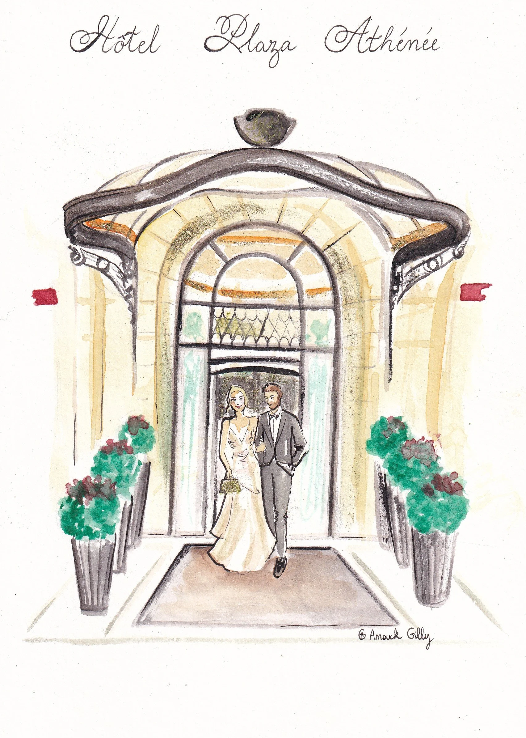 Une illustration colorée d'un couple en tenue chic sortant d'un hôtel appelé 'Hôtel Plaza Athénée', avec des plantes en pot rouges et vertes à l'entrée.