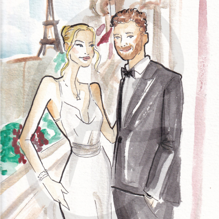 Une illustration d'un couple élégamment habillé lors d'une soirée, avec la Tour Eiffel en arrière-plan à Paris.