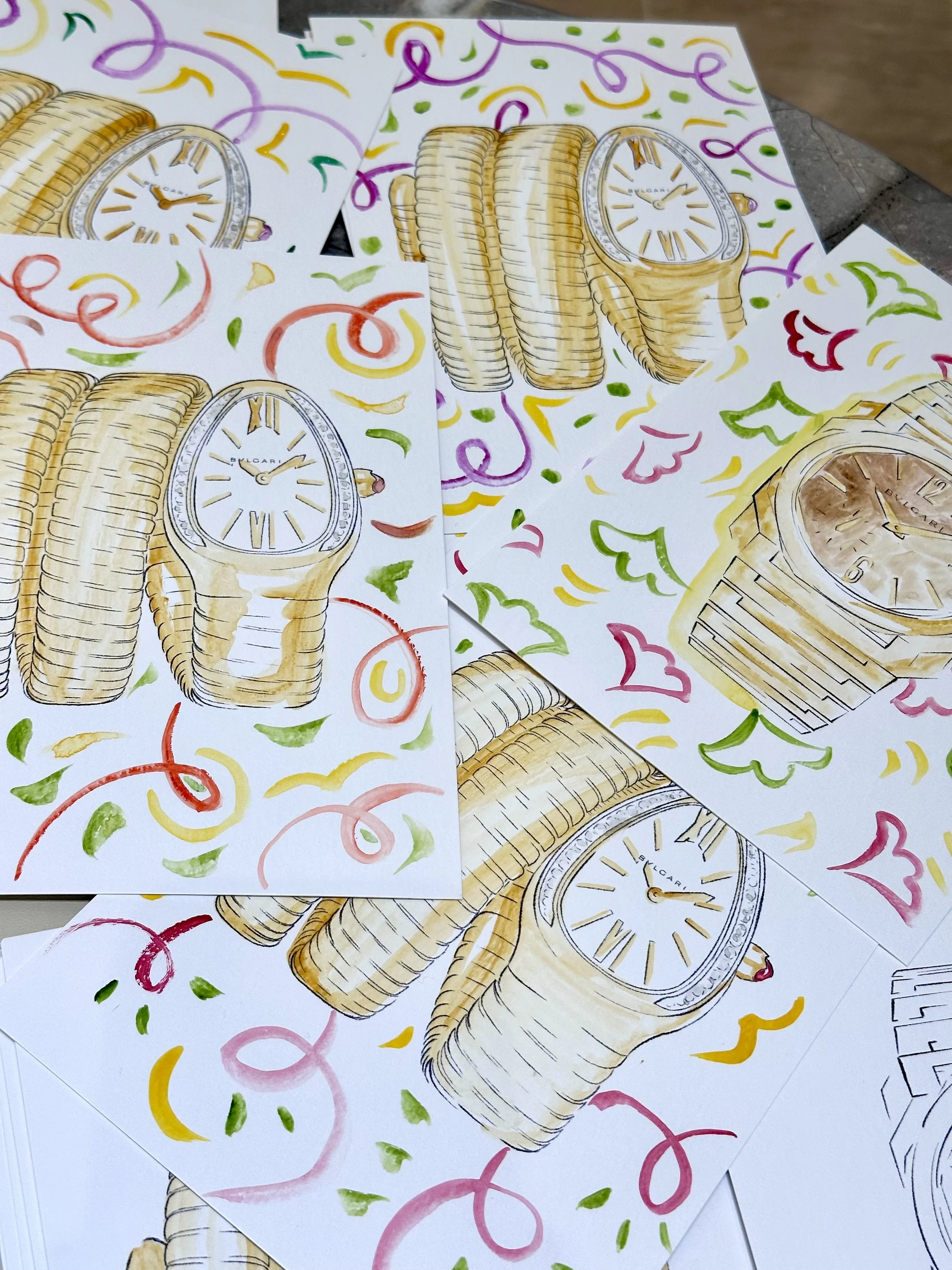 Dessins d'une montre Bulgari en forme de tonneau, entourés de confettis colorés et de rubans.