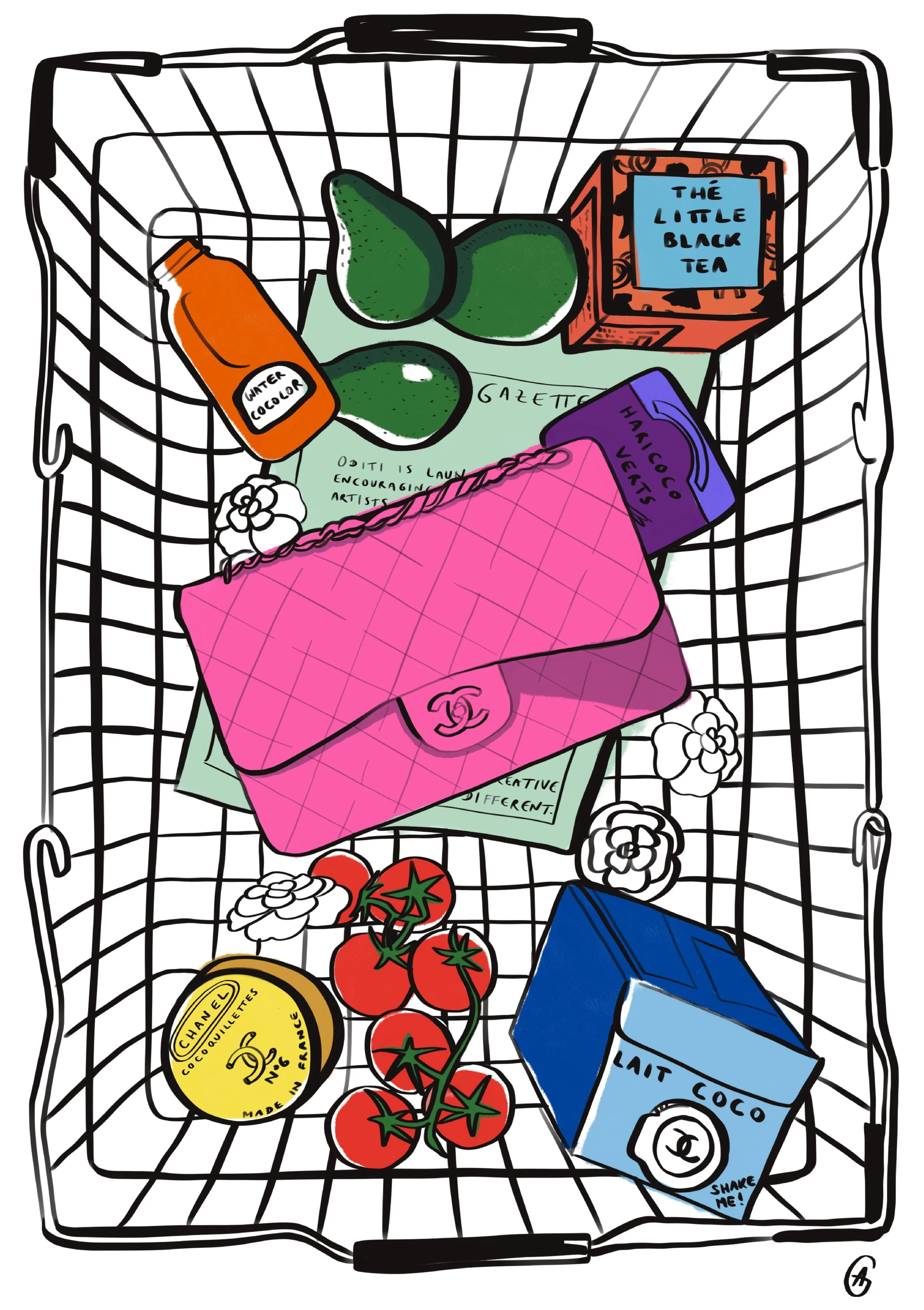 Un panier de shopping contenant un bouteille d'encre, des avocats, une boîte de thé noir, une boîte d'articles de mode de luxe, un sac à main rose de Chanel, une boîte de lait de coco, une tomate, des fleurs, et un magazine.