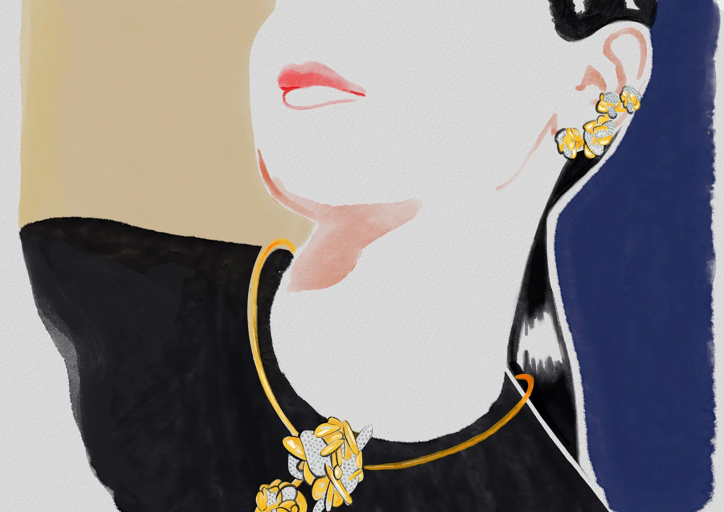 Un portrait stylisé montrant une femme portant des boucles d'oreilles et un collier dorés ornés de fleurs, avec une moitié de visage visible et des lèvres roses.