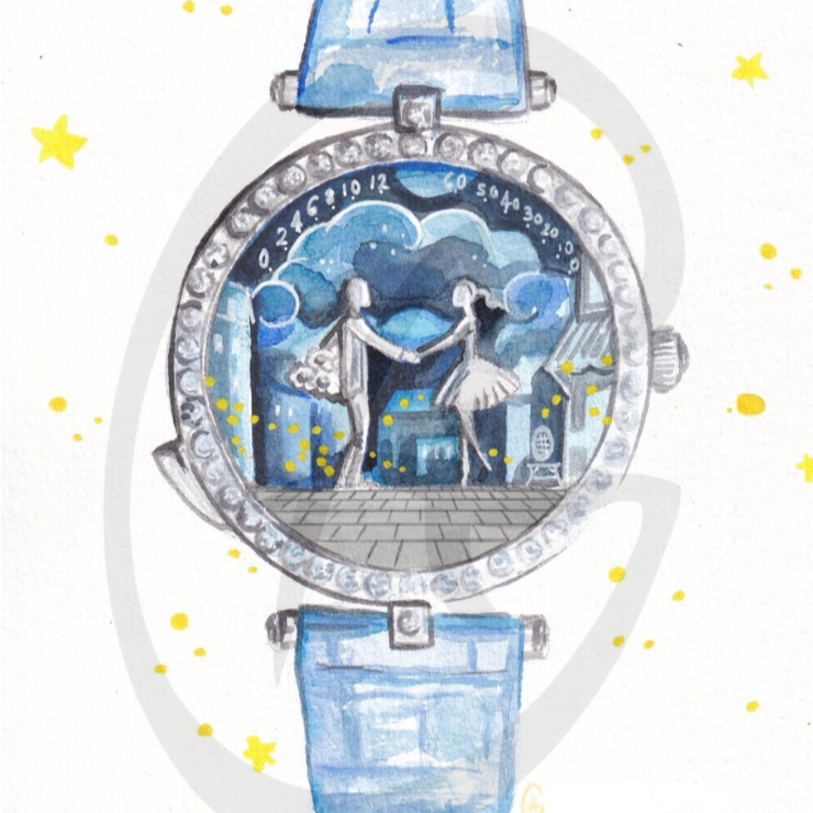 Une montre illustrée avec une scène de danse en arrière-plan, entourée de petites étoiles jaunes, accompagnée du texte "Van Cleef & Arpels".