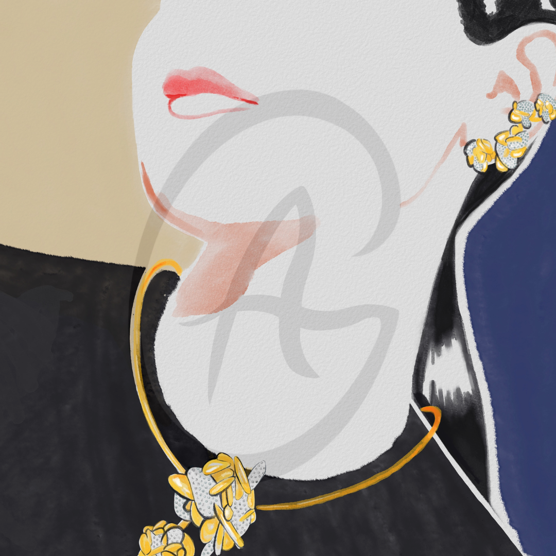 Un portrait stylisé montrant une femme portant des boucles d'oreilles et un collier dorés ornés de fleurs, avec une moitié de visage visible et des lèvres roses.