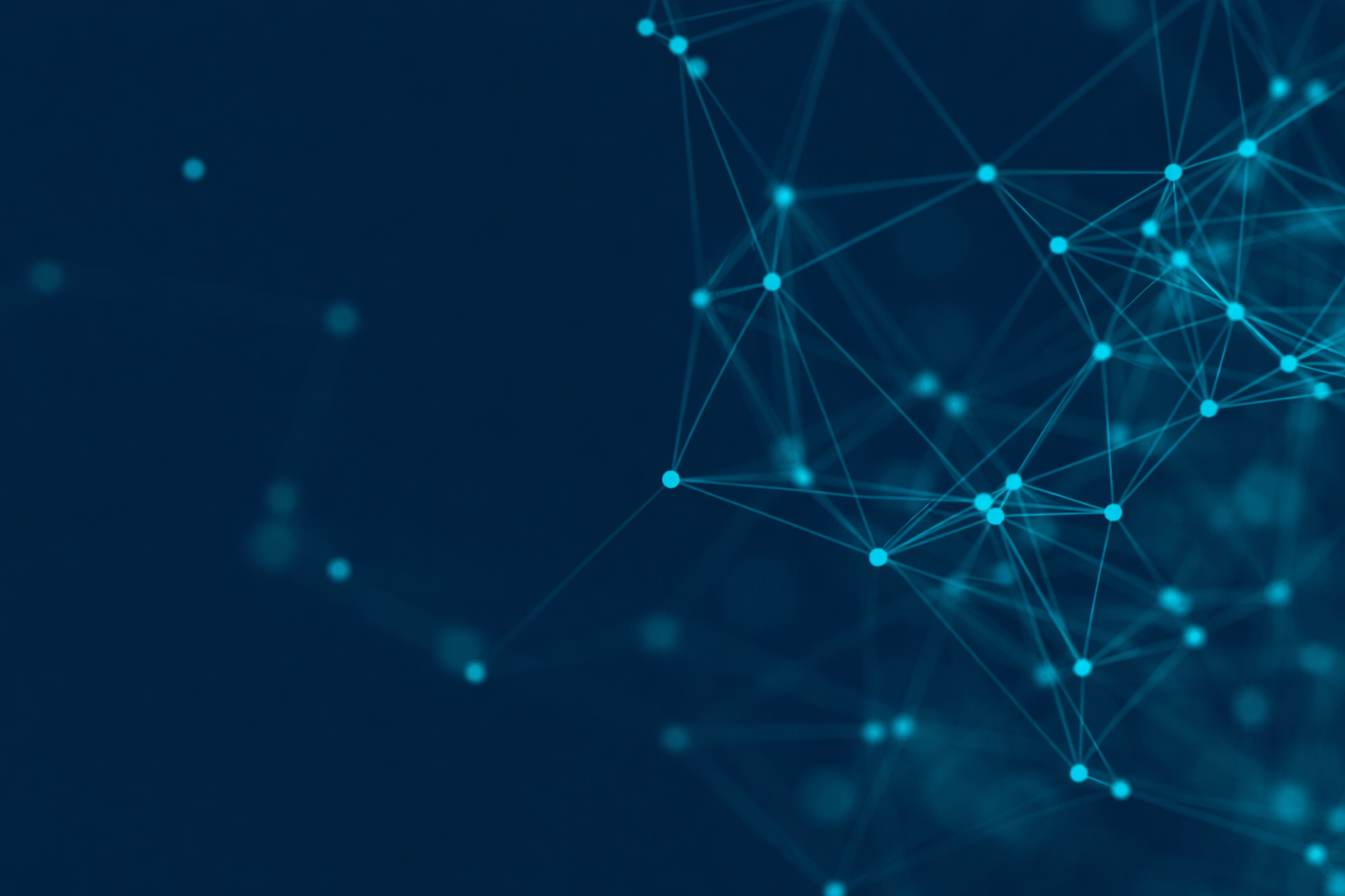 Digital abstract network with interconnected blue dots and lines on dark background.