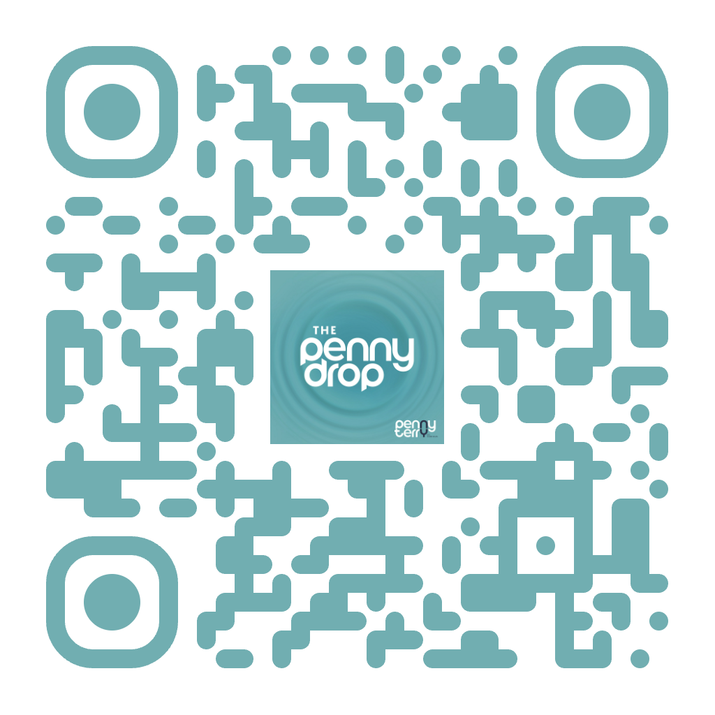 A QR code with a central logo that says 'The Penny Drop' in white text on a blue background.