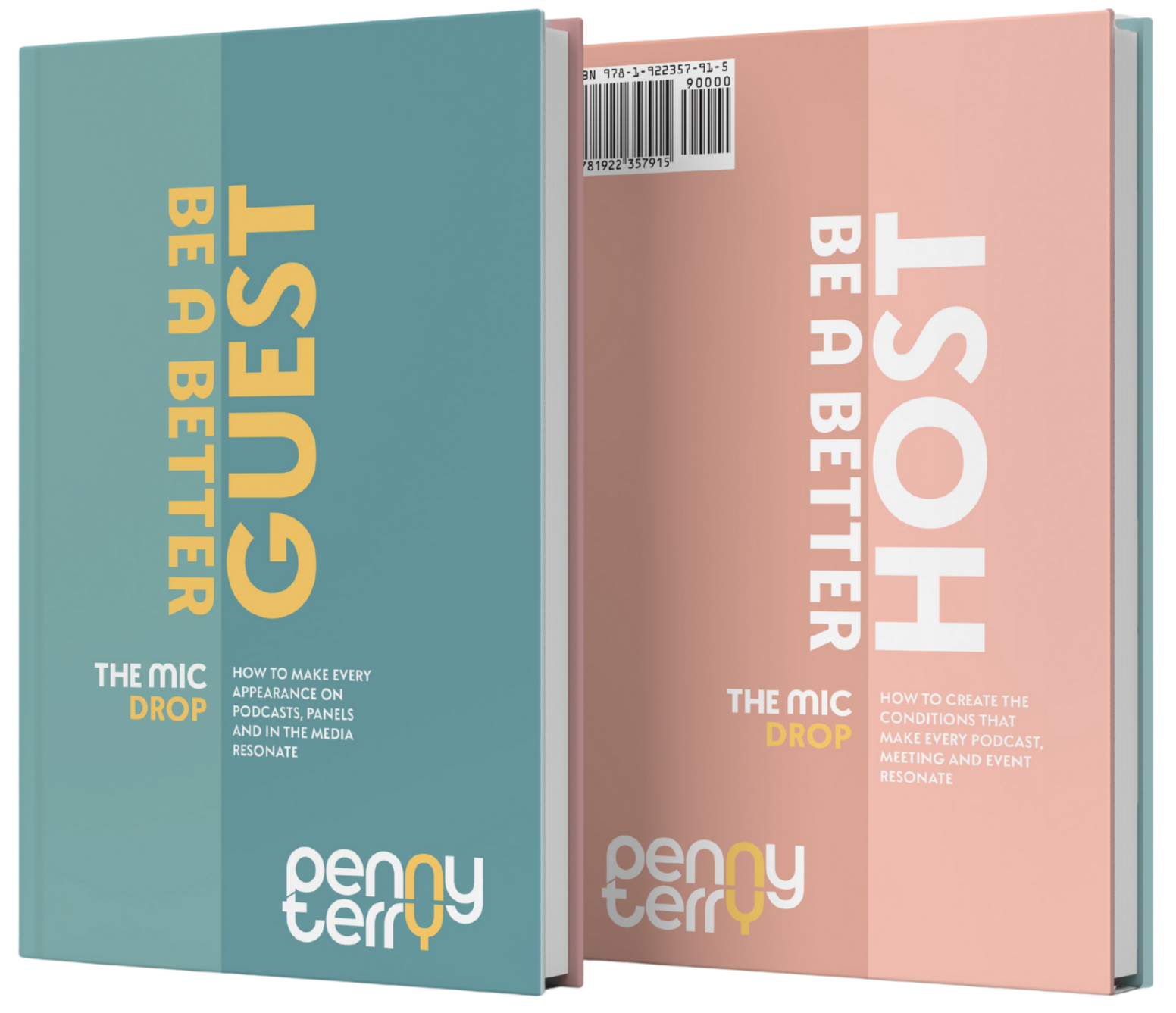 Two books titled "The Mic Drop" by Penny Terry. The book on the left has a teal cover, and the one on the right has a pink cover. Both books have the title in large white letters with the subtitle "How to make every appearance on podcasts, panels and in the media resonate" on the teal book and "How to create the conditions that make every podcast, meeting and event resonate" on the pink book. The author's logo is at the bottom of each book.