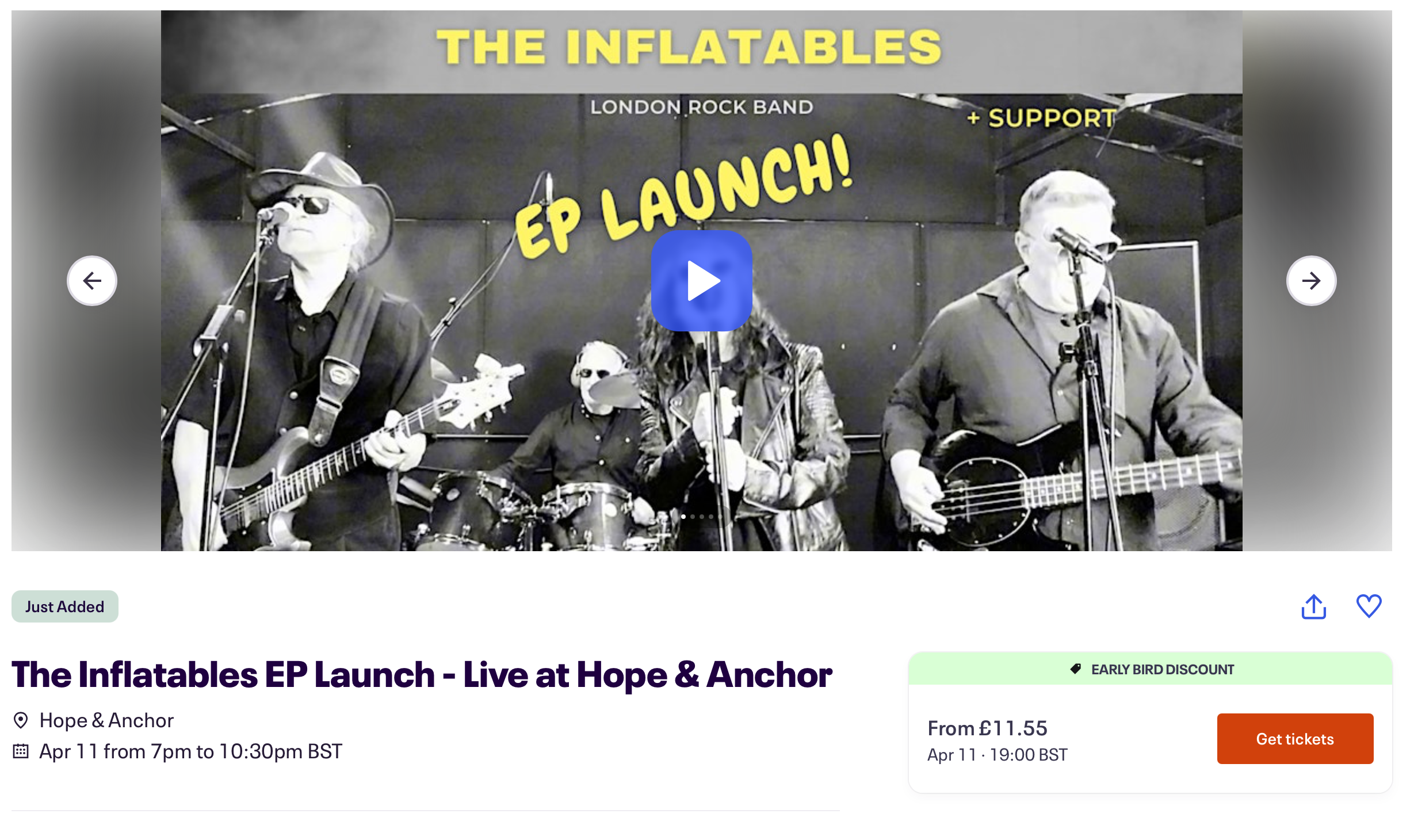 Black and white photo of a band called The Inflatables performing live, with the text 'EP LAUNCH!' in yellow and 'The Inflatable EP Launch - Live at Hope & Anchor' on a webpage, indicating a concert event on April 11 from 7pm to 10:30pm BST in Hope & Anchor, with ticket pricing from £11.55.