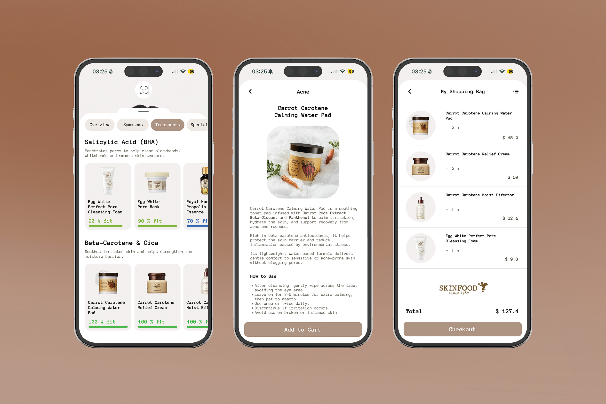Building on these insights, the app translates skin understanding into ingredient-focused treatment recommendations and product selections. By guiding users from diagnosis to detailed product information and checkout within a single flow, SKINFOOD he