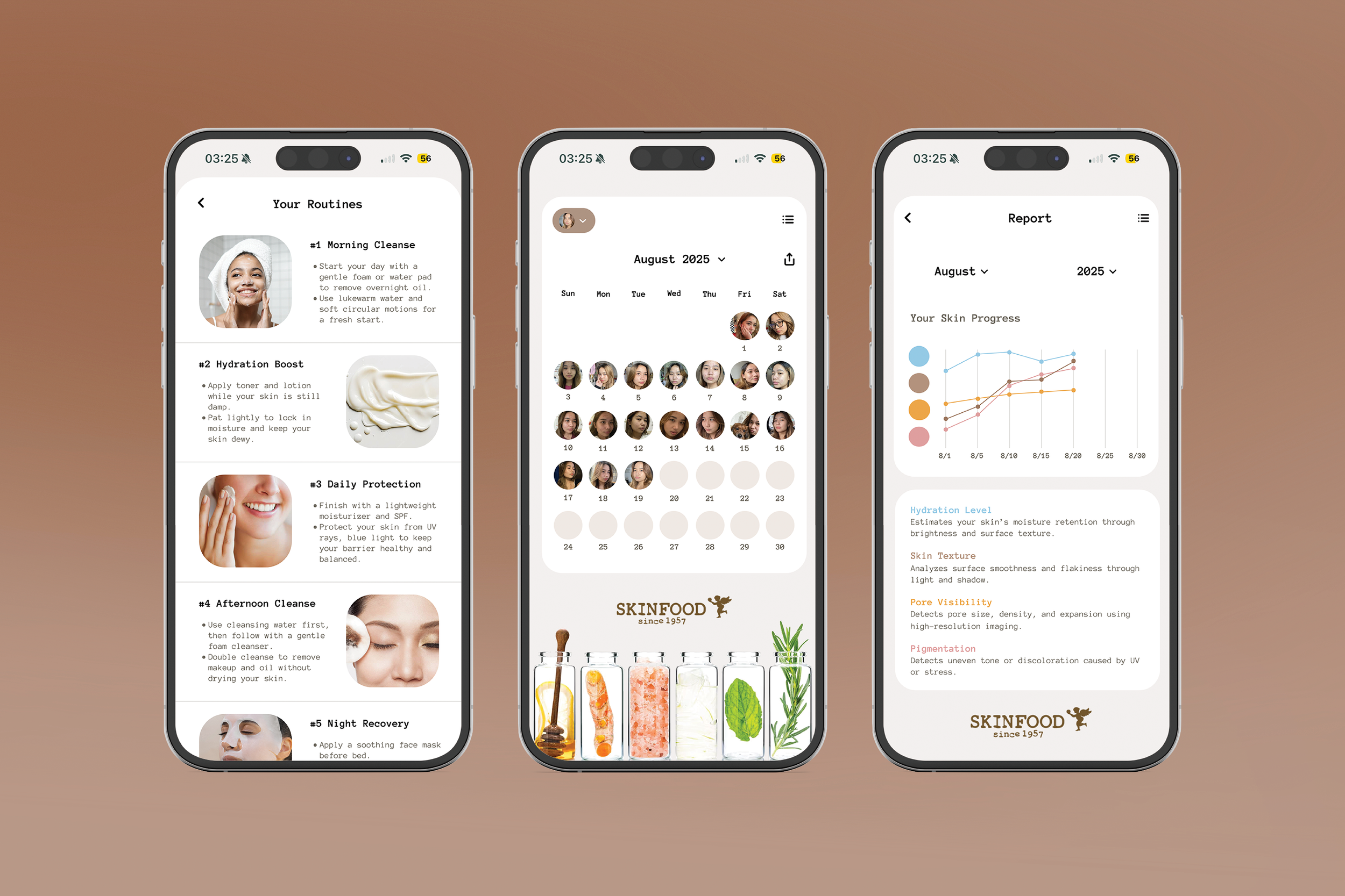 To support long-term care, the app encourages consistency through structured routines, a visual skin diary, and progress reports that track change over time. Rather than promising instant results, SKINFOOD frames skincare as an ongoing process rooted