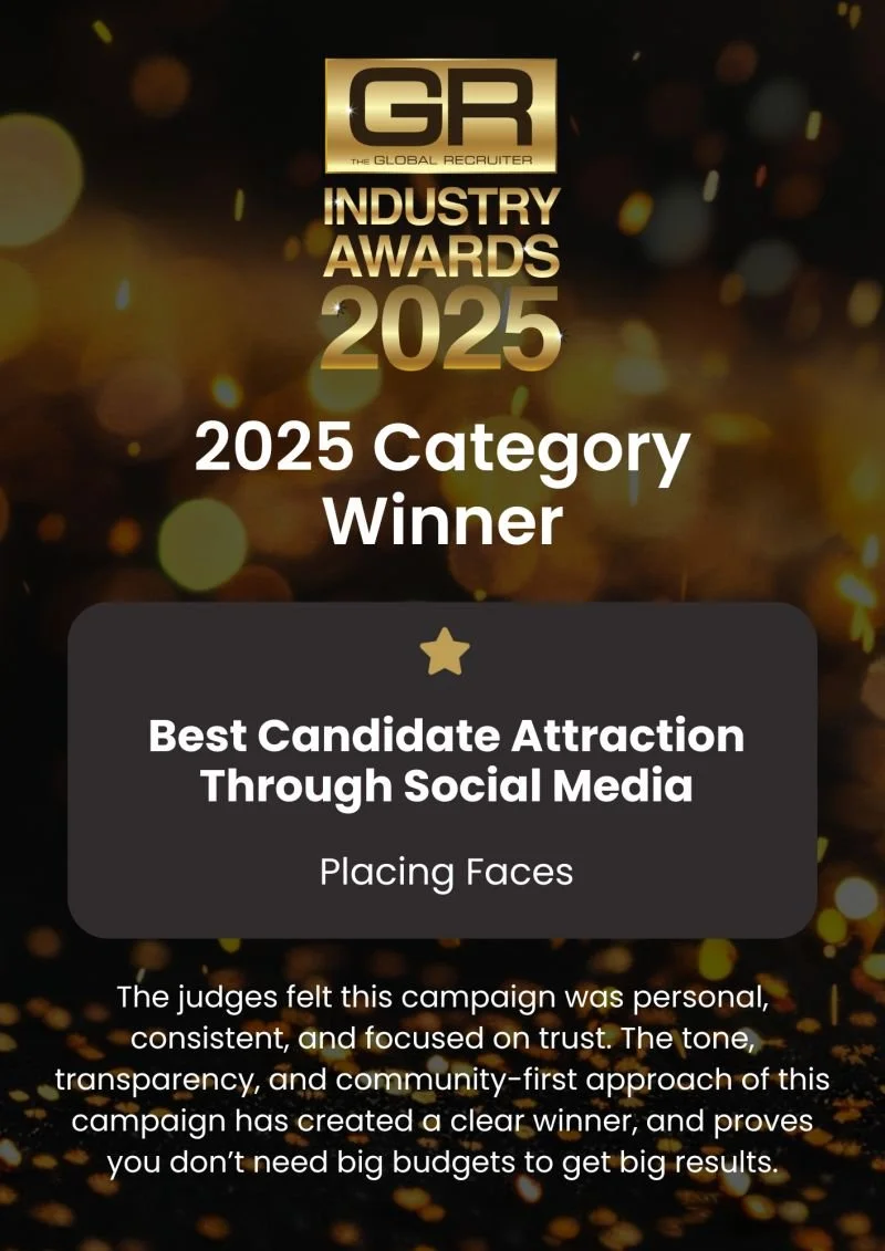 Award announcement for the 2025 Industry Awards, recognizing Placing Faces as the winner of the Best Candidate Attraction Through Social Media category, with a description praising the campaign's trust-building approach.