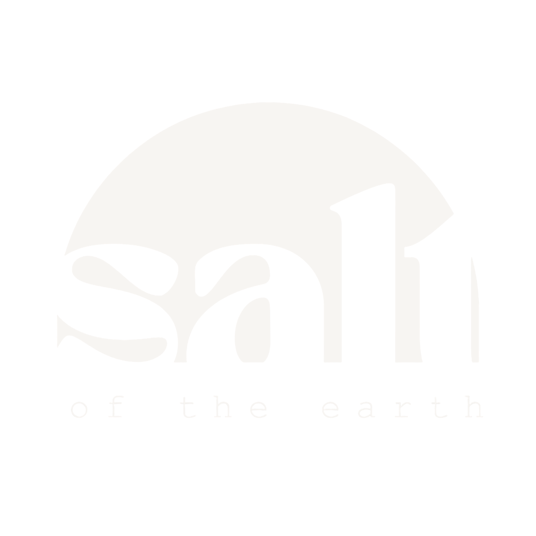 Stylized logo with the words "sali" in large font, and "of the earth" written below in smaller font, with a circular design element above the "a".