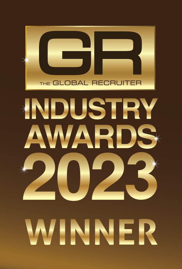 Golden and brown graphic announcing the 2023 Industry Awards winner from the Global Recruiter for  Best Candidate Attraction Through Social Media.