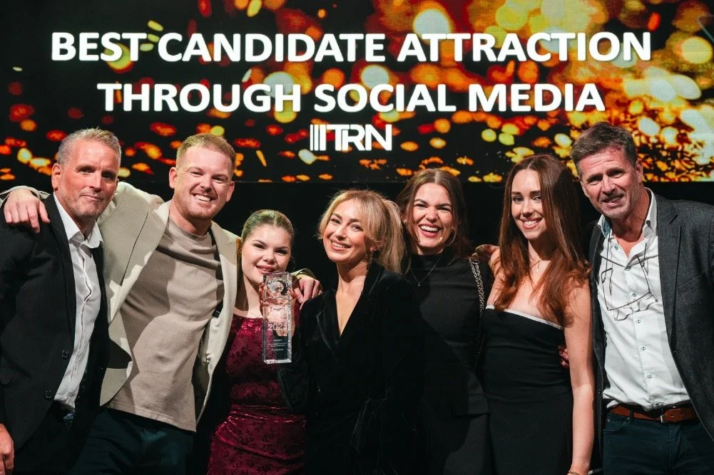 Award ceremony celebrating Best Candidate Attraction Through Social Media with the Placing Faces team and Erin, founder of Salt of the Earth Studio