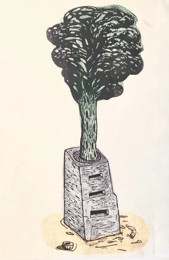 Träsnitt Min Trädgård 1 av konstnär P-O Larsson