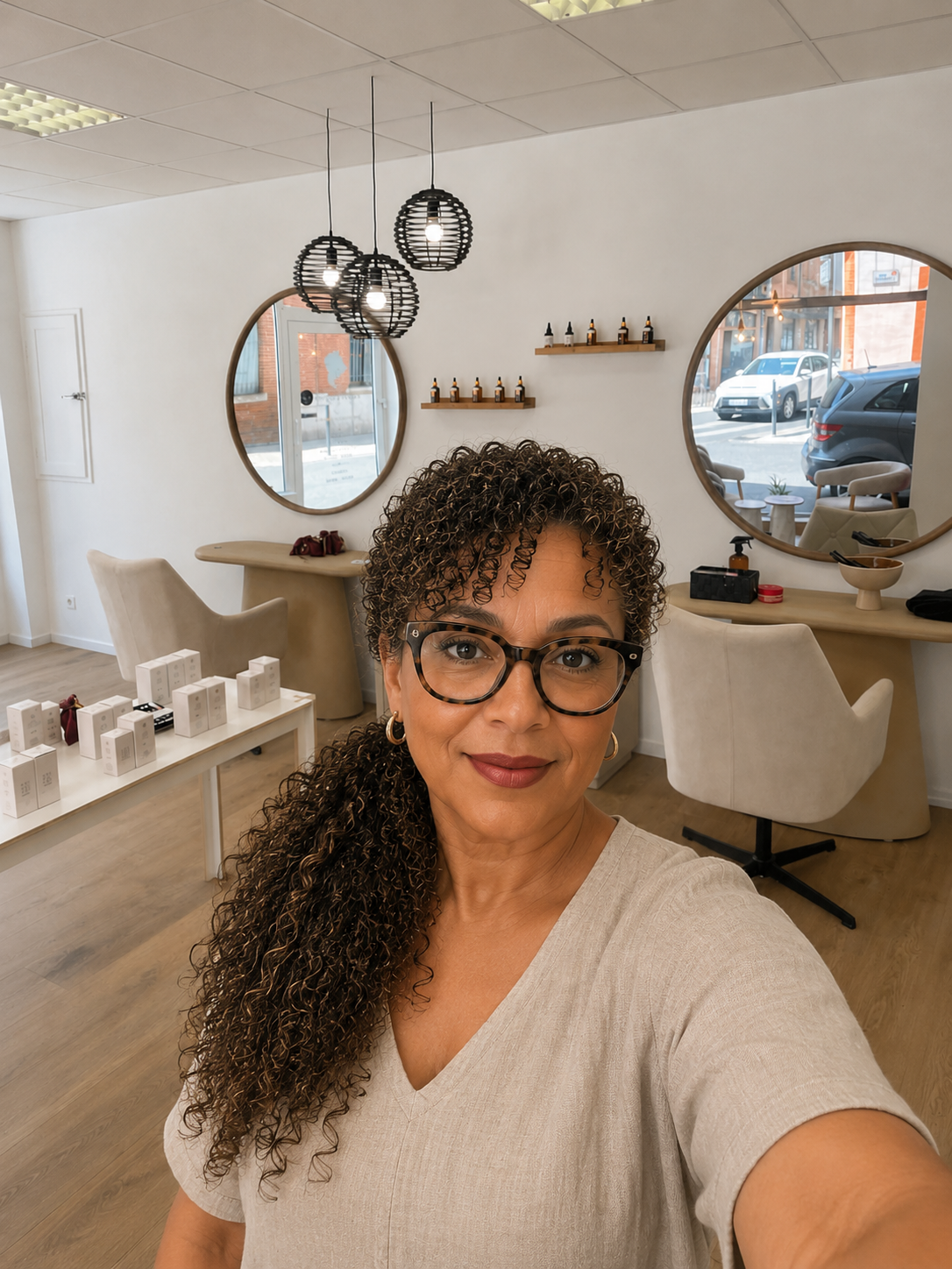 Une femme souriante portant des lunettes noires, prenant un selfie dans un salon de beauté ou un studio, avec des miroirs ronds et des étagères à l'arrière.