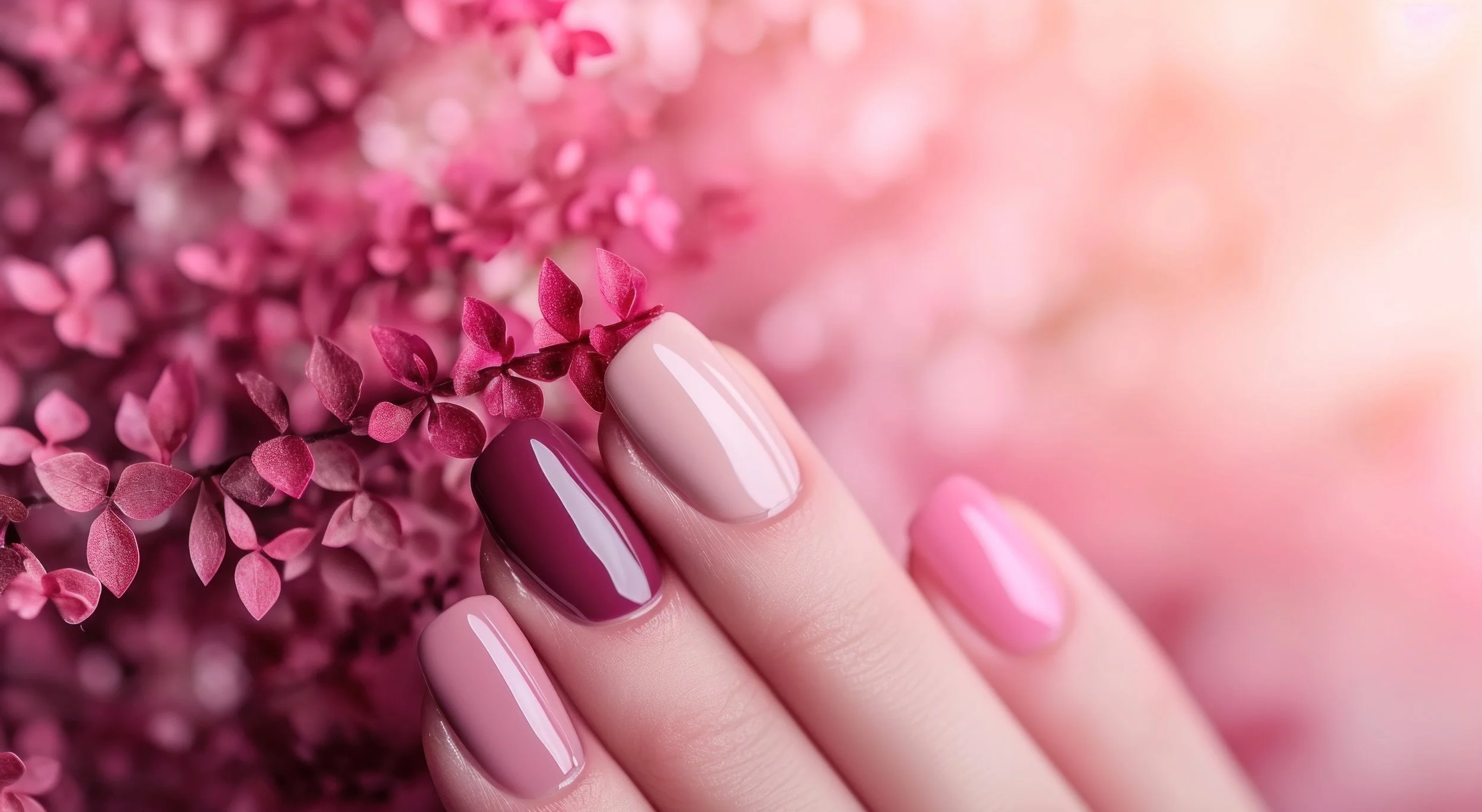 Beauté des ongles à Montauban chez DJEDJETRESSES. Manucure aux nuances de rose et violet mettant en valeur des mains soignées, pour un résultat élégant, féminin et durable.