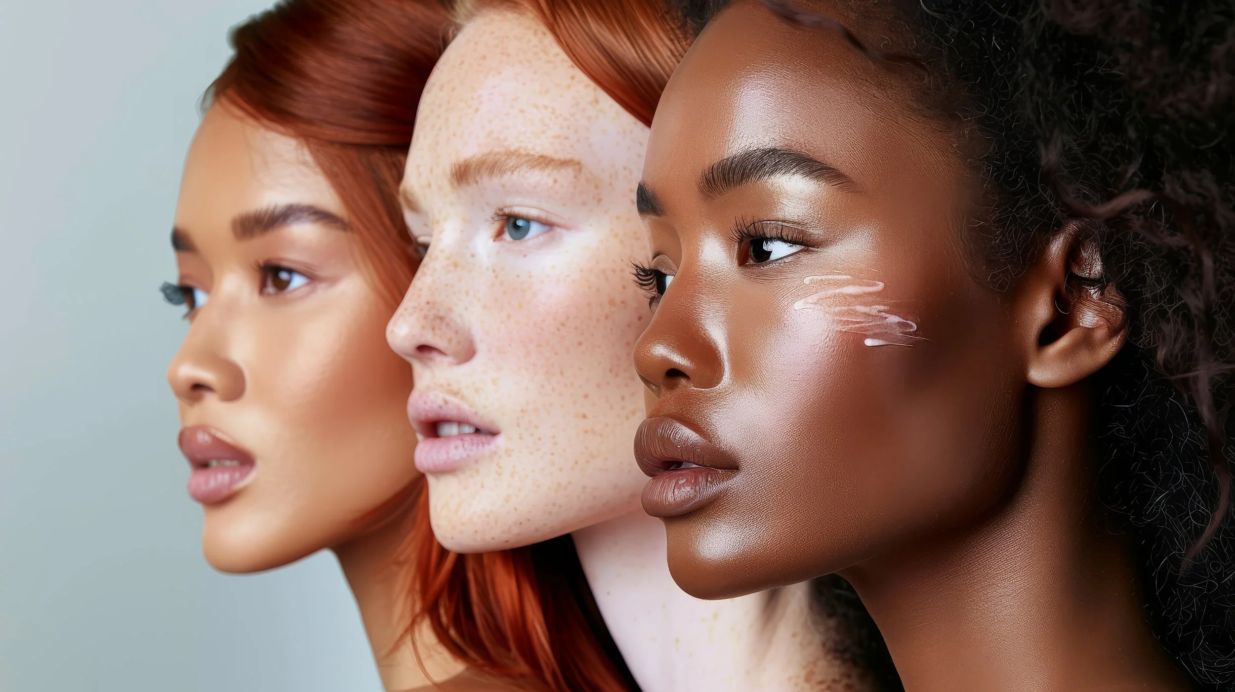 Trois femmes aux peaux et cheveux différents illustrant l'univers de beauté globale proposé par DJEDJETRESSES à Montauban. Tresses, soins du visage, cosmétiques et conseils beauté pour révéler chaque personnalité avec élégance et authenticité.