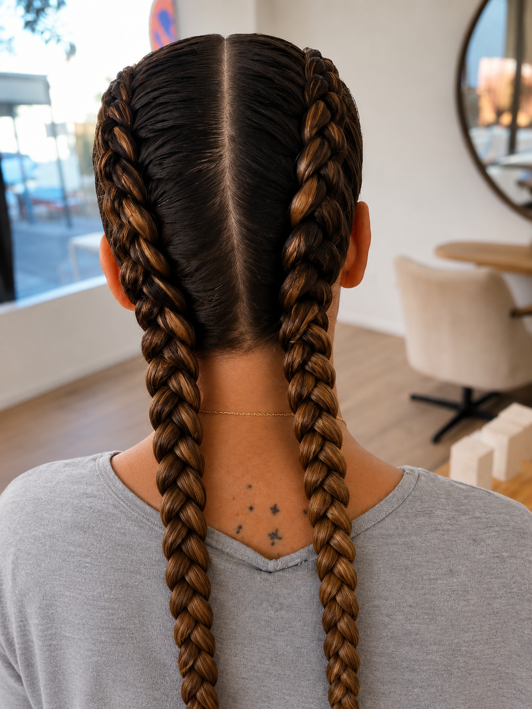 Coiffure de deux longues tresses brunes avec une raie au centre, vue de dos, dans un intérieur moderne avec un miroir rond et une fenêtre.