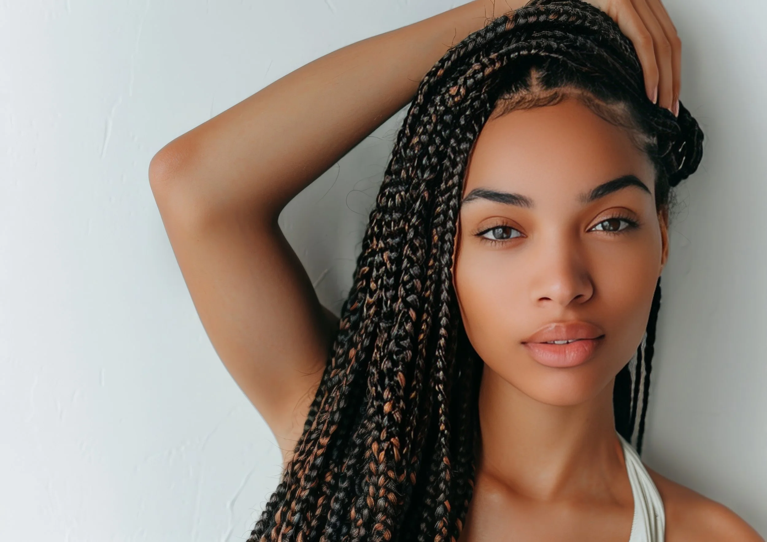 Jeune femme avec des tresses coiffées en ligne, yeux clairs, peau lisse, souriante légèrement, portant un débardeur blanc, contre un mur blanc.