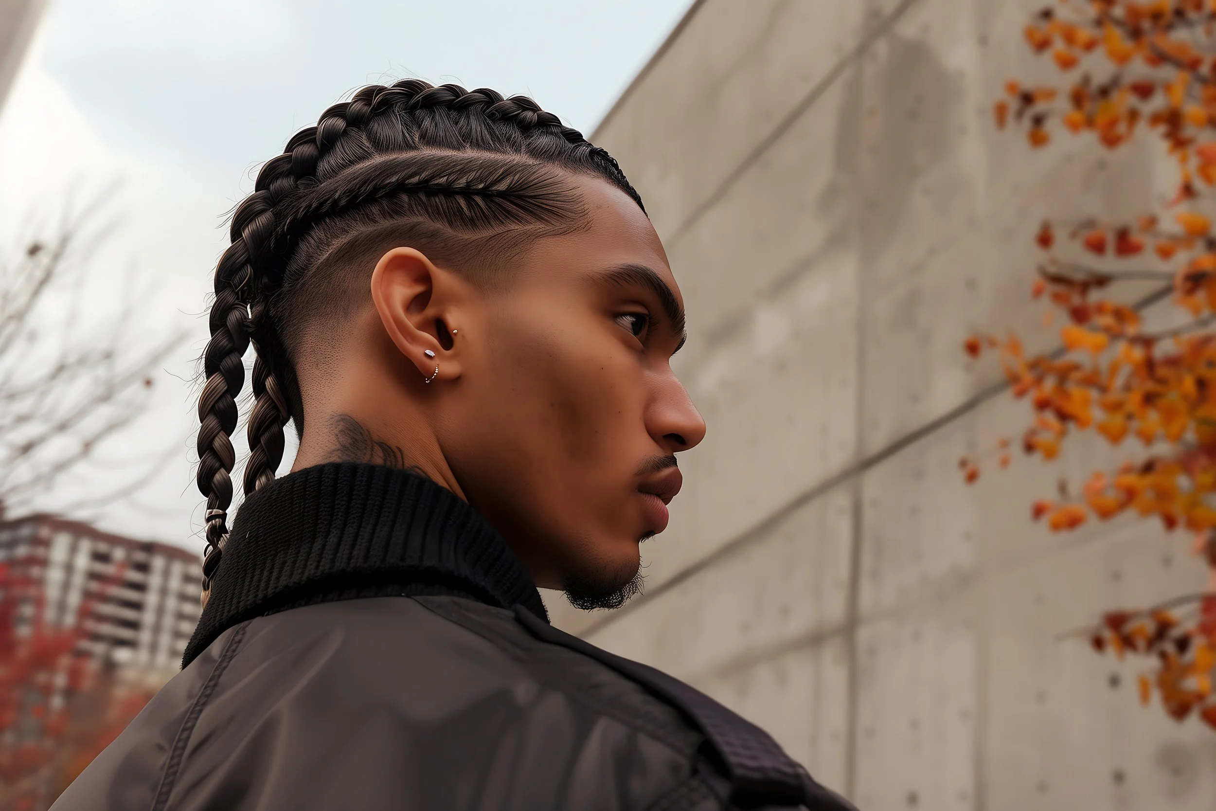 Profil d'un jeune homme avec des cheveux coiffés en tresses et rasé sur les côtés, portant une veste noire, debout près d'un mur en béton avec des arbres aux feuilles orange en arrière-plan.