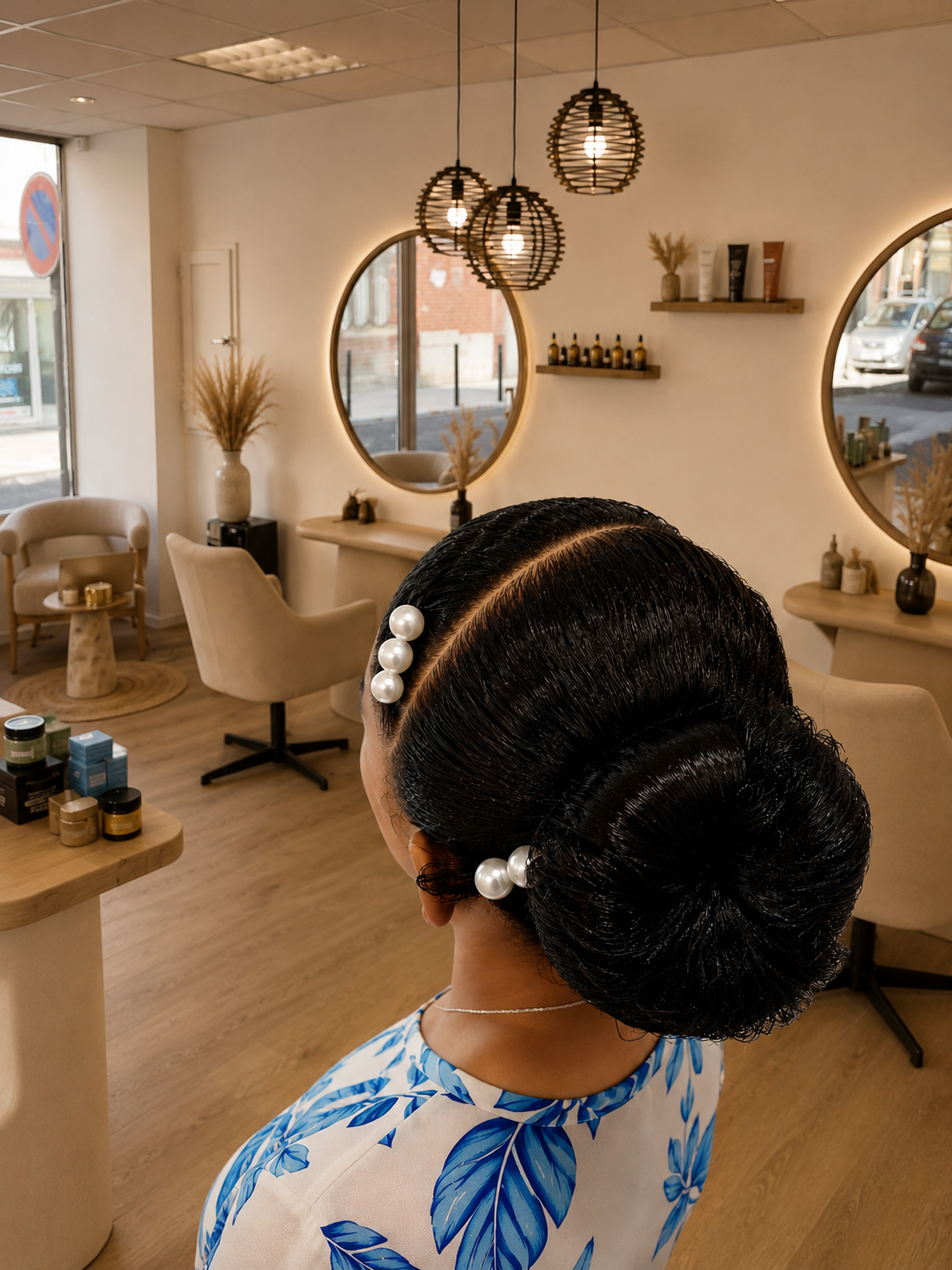 Coiffure sophistiquée avec des cheveux noirs plaqués en un chignon élégant décoré de perles blanches, dans un salon de coiffure moderne qui propose des tissages, soin du visage, des parfums en Tarn et Garonne.