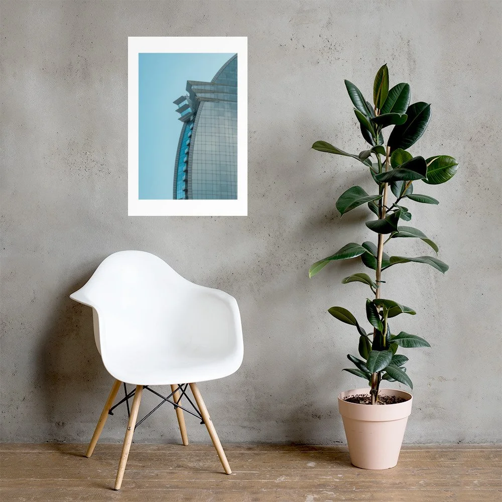 Barcelona architecture wall art featuring the iconic W Hotel. Minimalist modern coastal photography in cool blue tones, perfect for contemporary interiors.