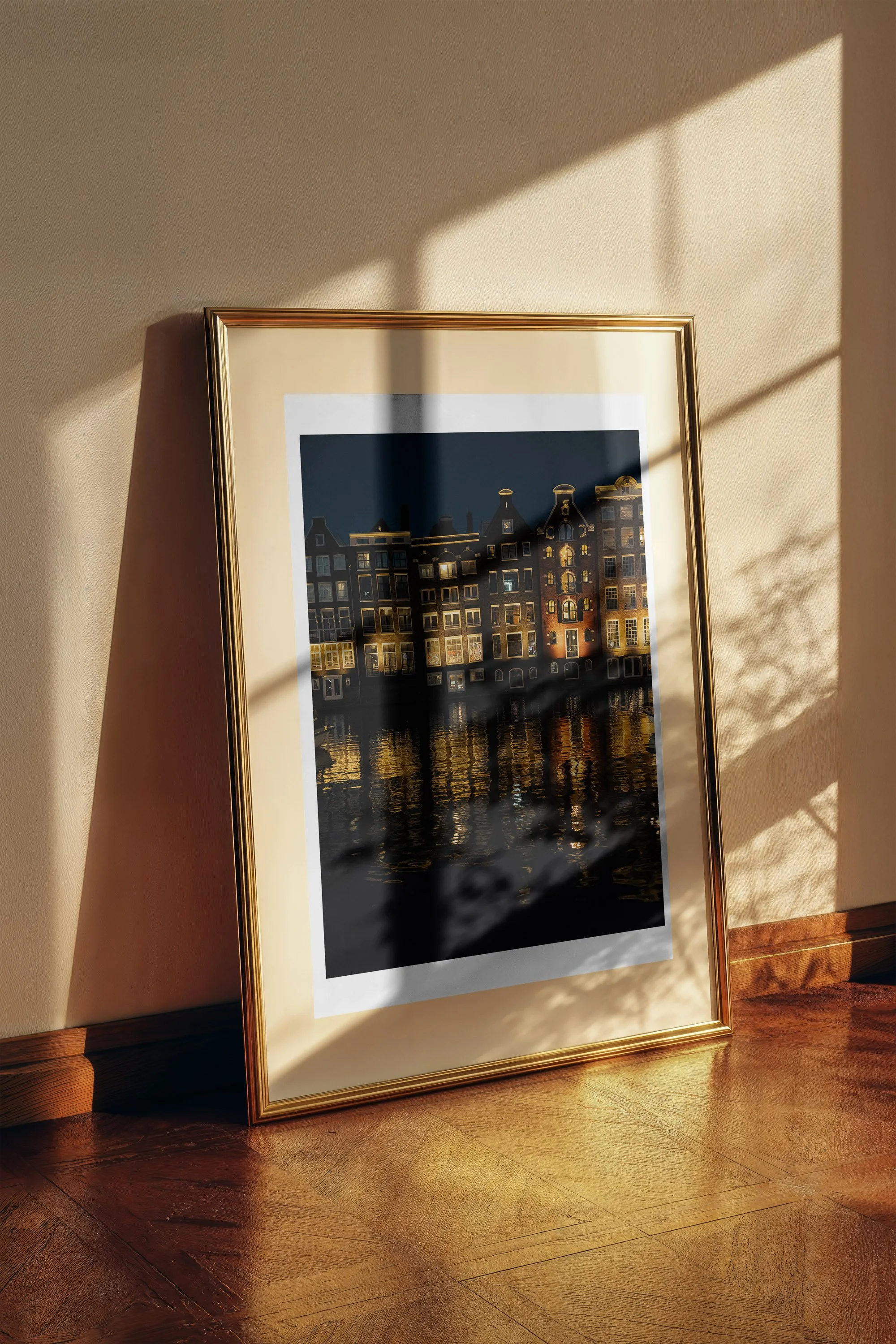 Canal at Night fine art print framed and displayed on a wall - European travel photography by Frames by Marina