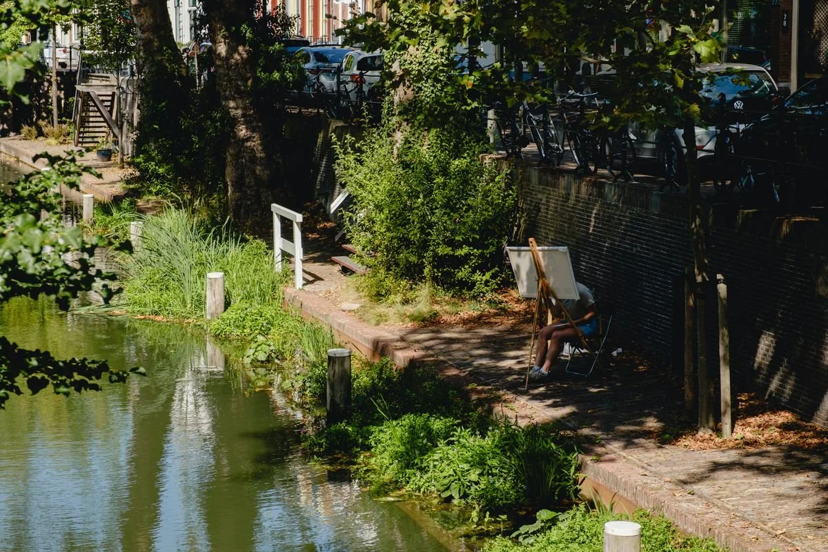 A painter sets up an easel along a quiet canal bank