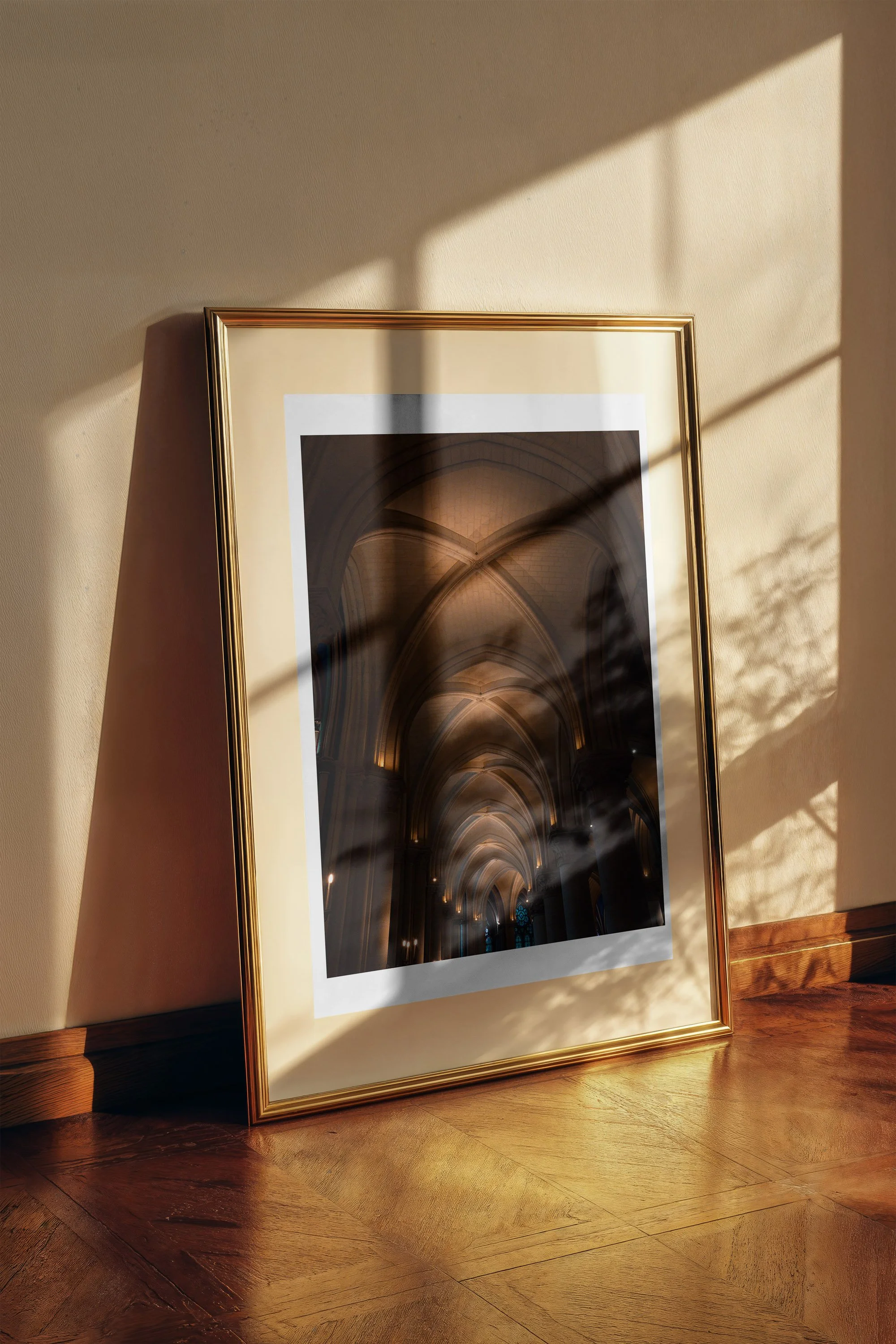 Notre Dame Ceiling fine art print framed and displayed on a wall - European travel photography by Frames by Marina