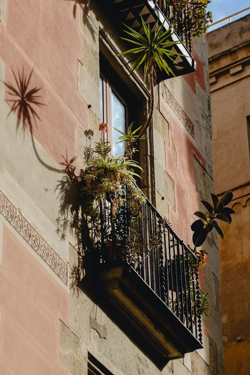 Potted plants spill over a wrought-iron balcony on a pink Gothic Quarter facade