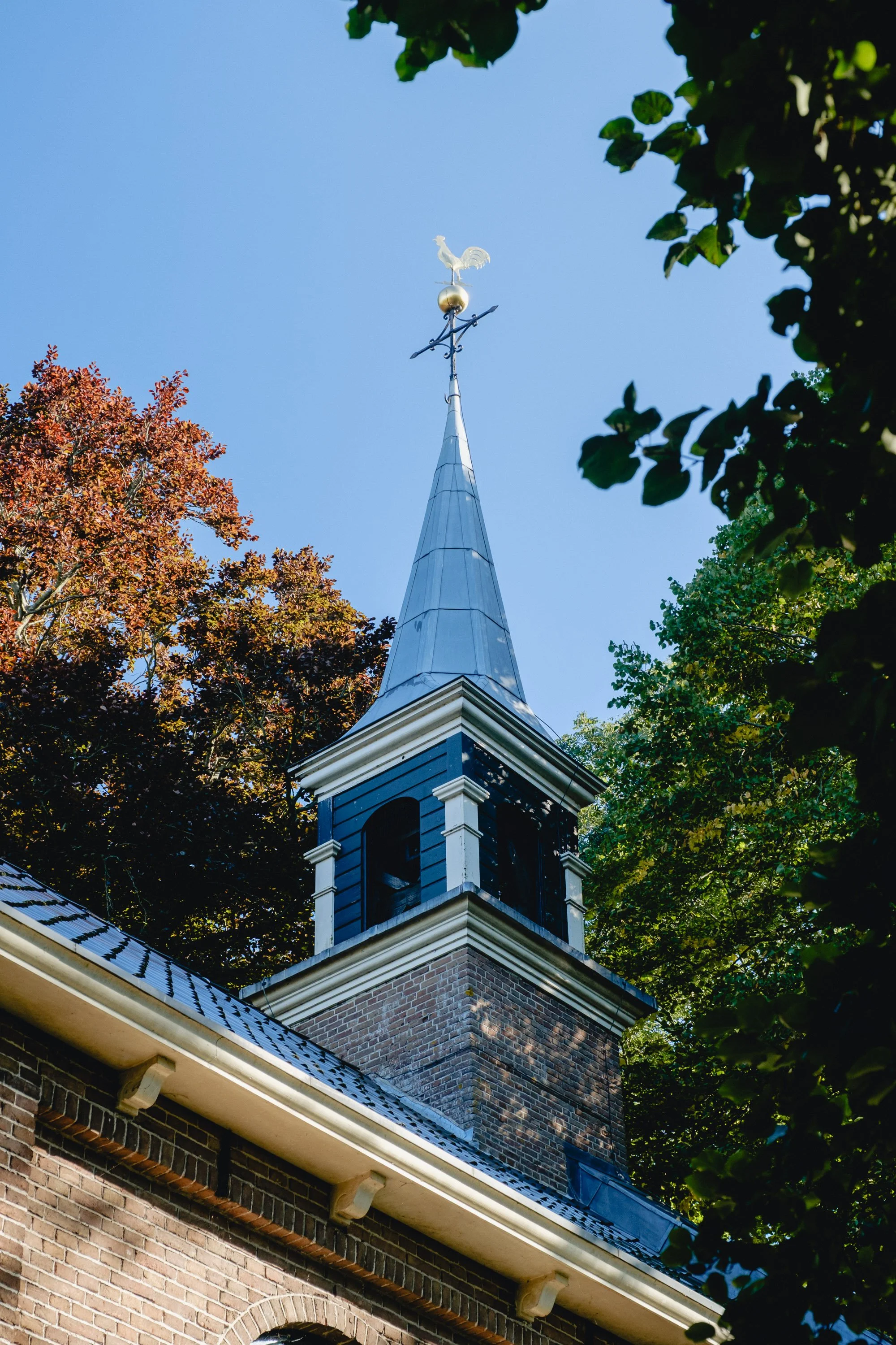 Close-up view of a church steeple with a weather vane featuring a rooster, set against a blue sky with autumn trees in the background.