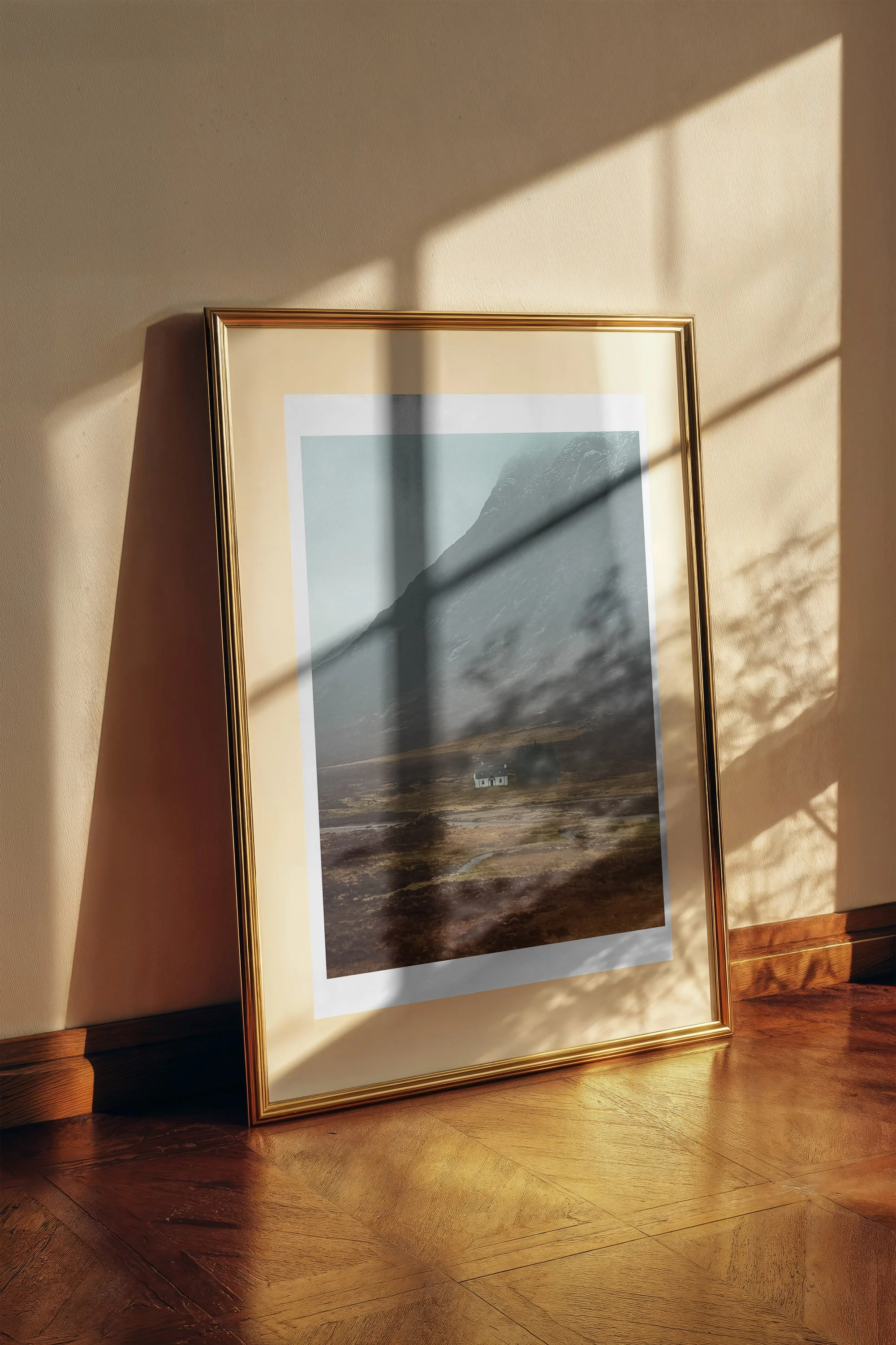 Glencoe Cottage fine art print framed and displayed on a wall - European travel photography by Frames by Marina
