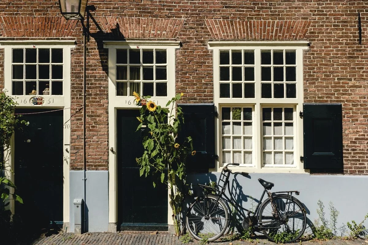 Sunflowers climb a brick townhouse door, a bicycle parked below