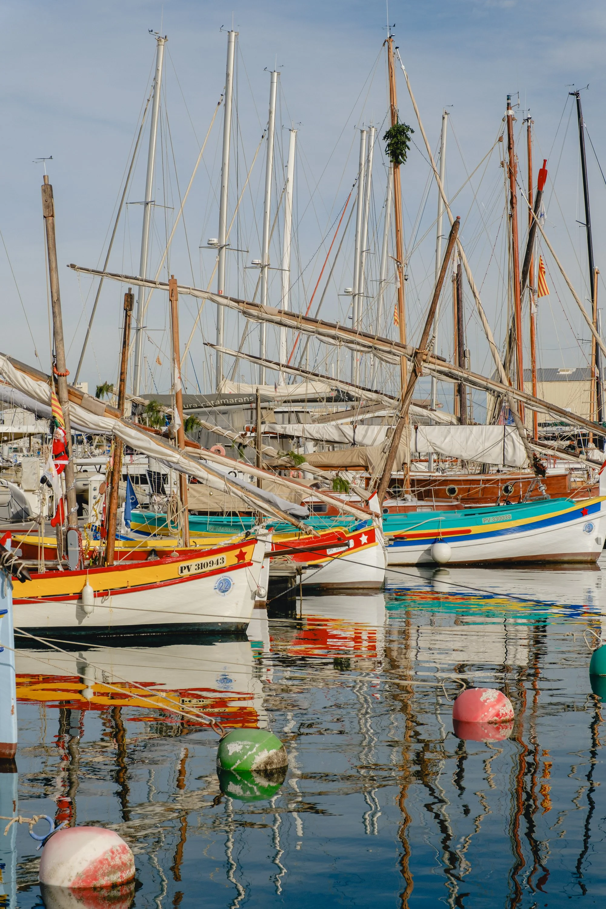 Multiple sailboats docked in a marina with reflections in the water and buoys floating nearby.