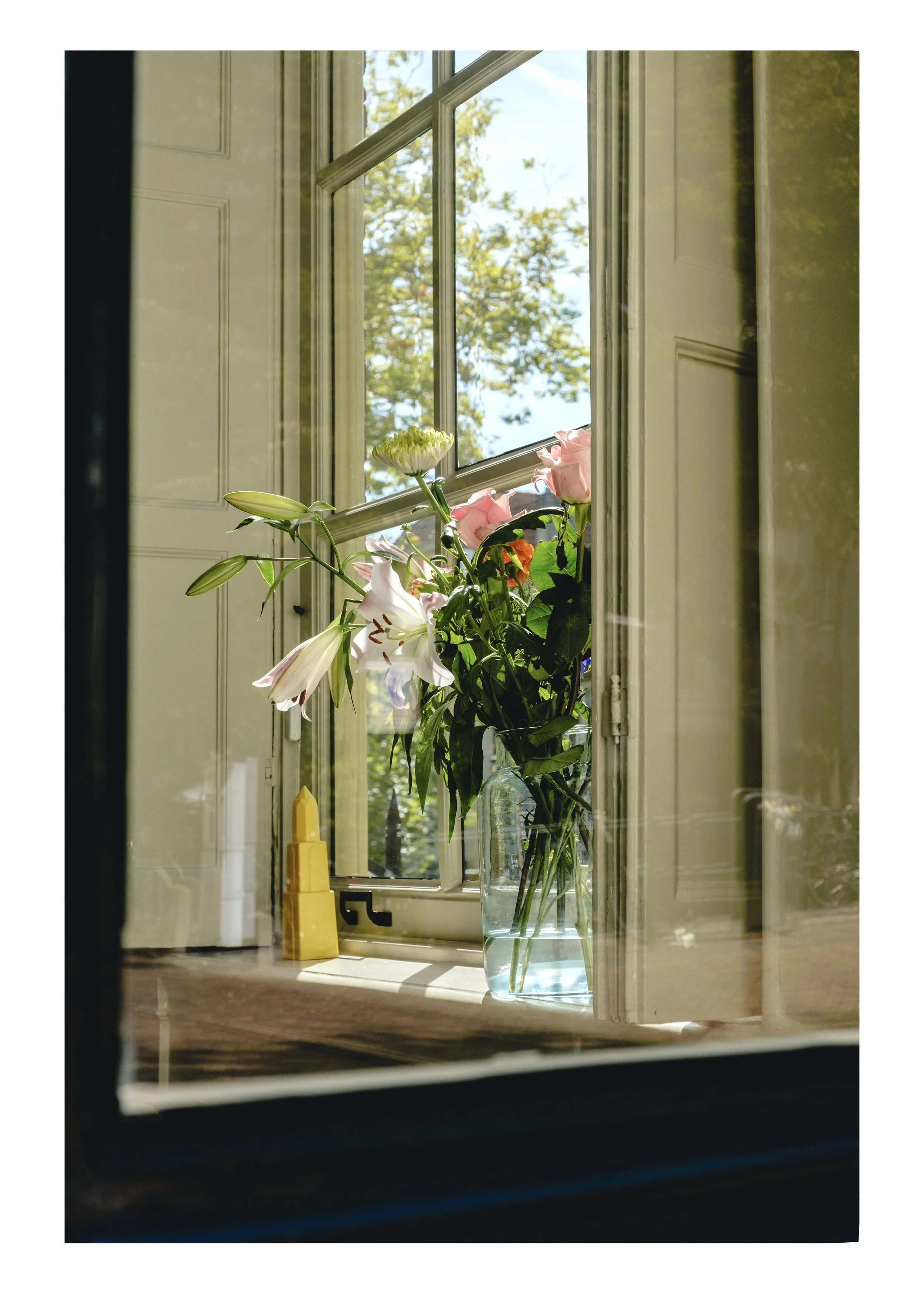 A bouquet of flowers backlit by window light on a sill, the Netherlands