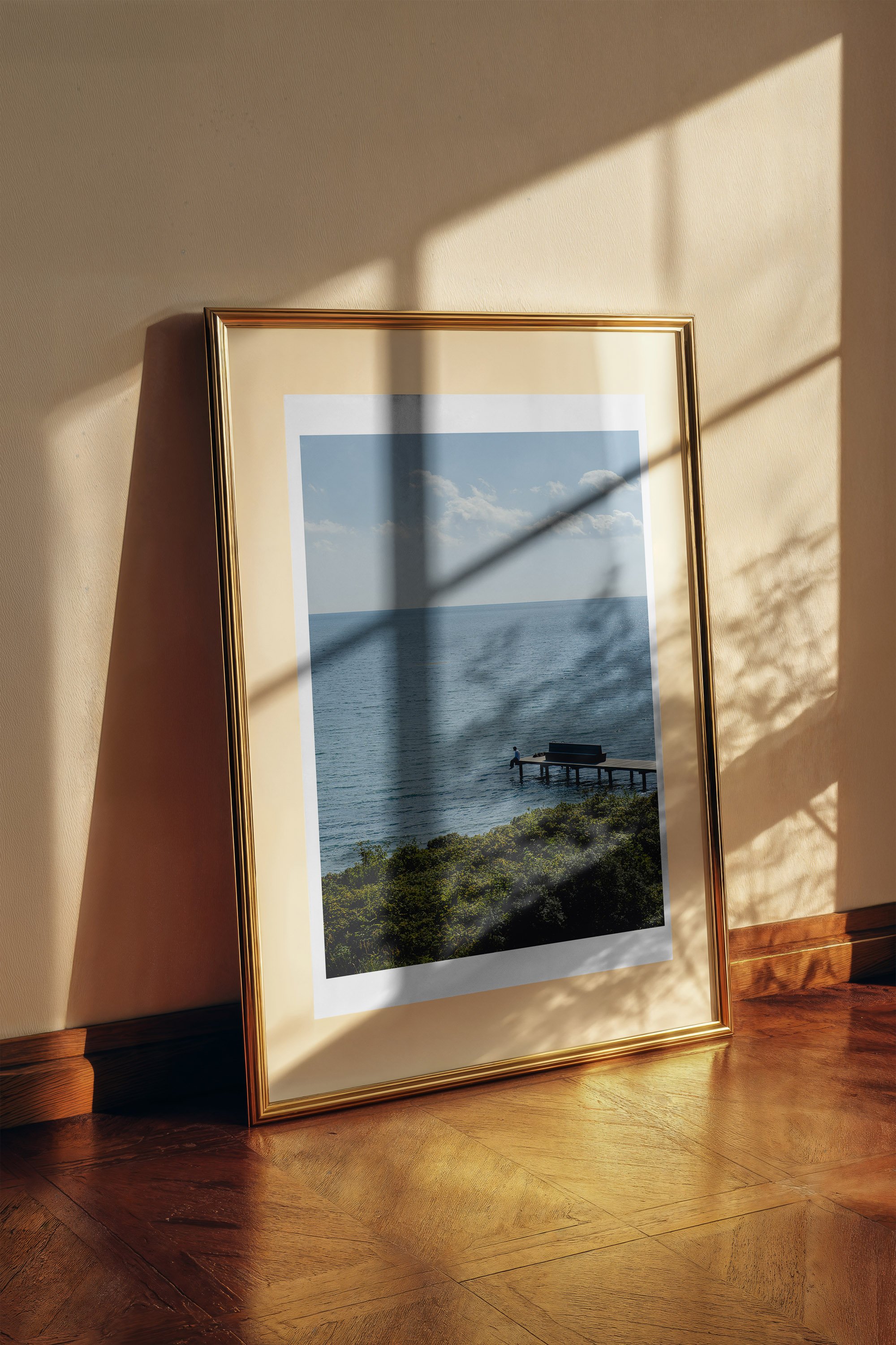 Quiet Pier fine art print framed and displayed on a wall - European travel photography by Frames by Marina
