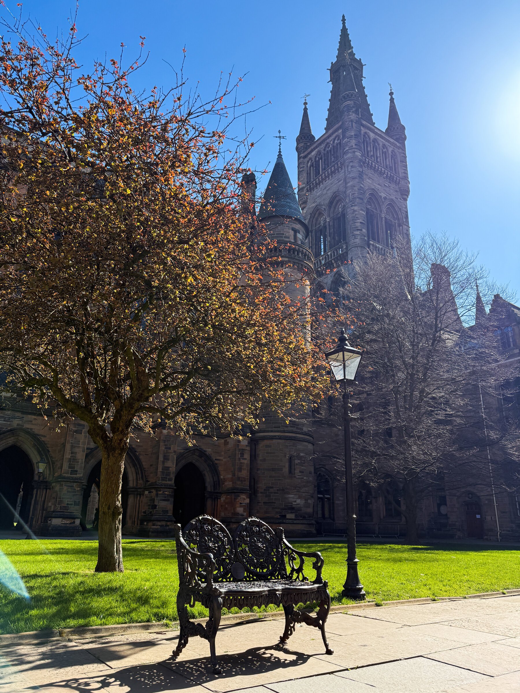 The University of Glasgow's Gothic spire rises beyond a wrought-iron park bench