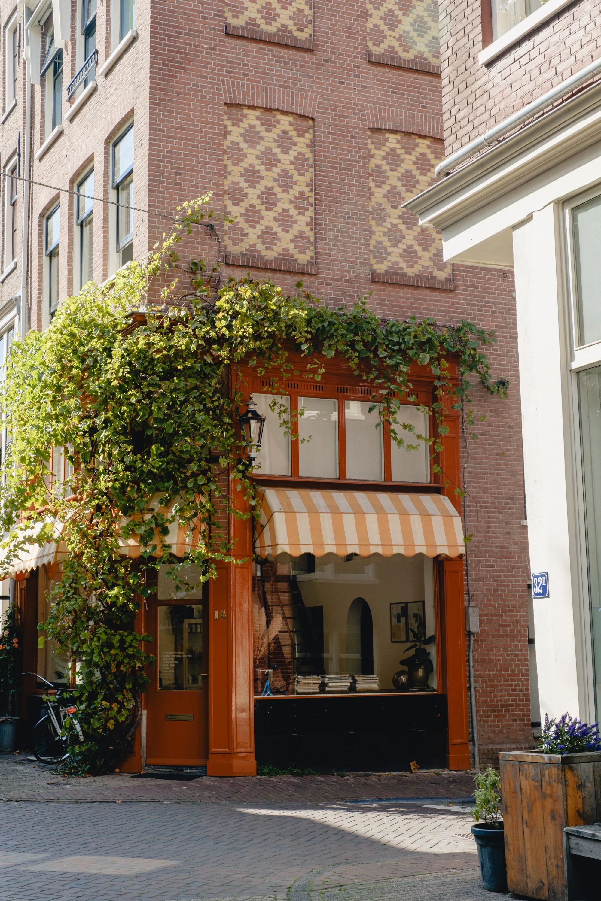 A small storefront with a striped orange and beige awning, large window, and green leafy vine growing over the top, located at 14.