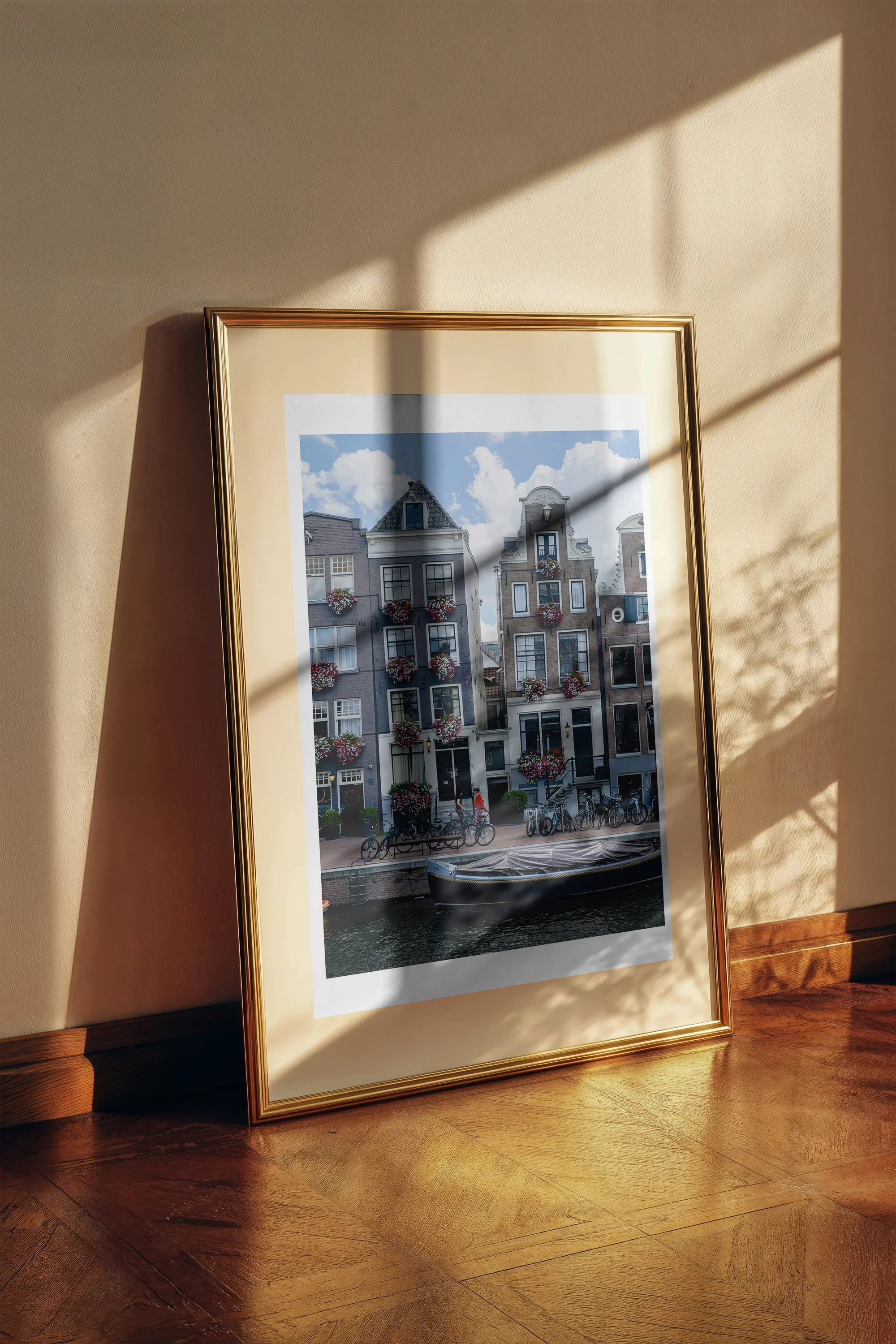 Flower Box Canal fine art print framed and displayed on a wall - European travel photography by Frames by Marina