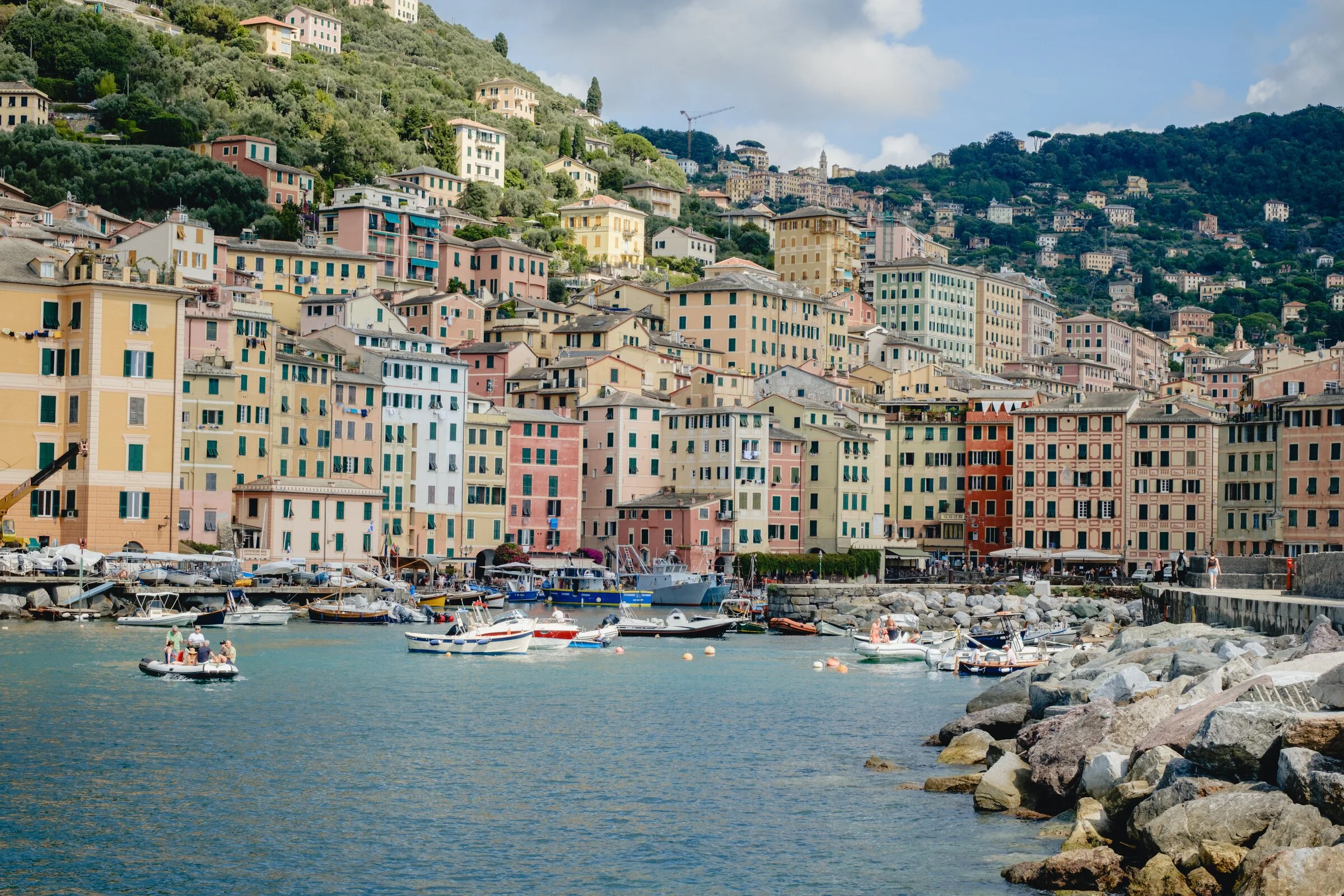 Pastel houses of a hillside fishing village stacked above a harbor, wooded slopes behind