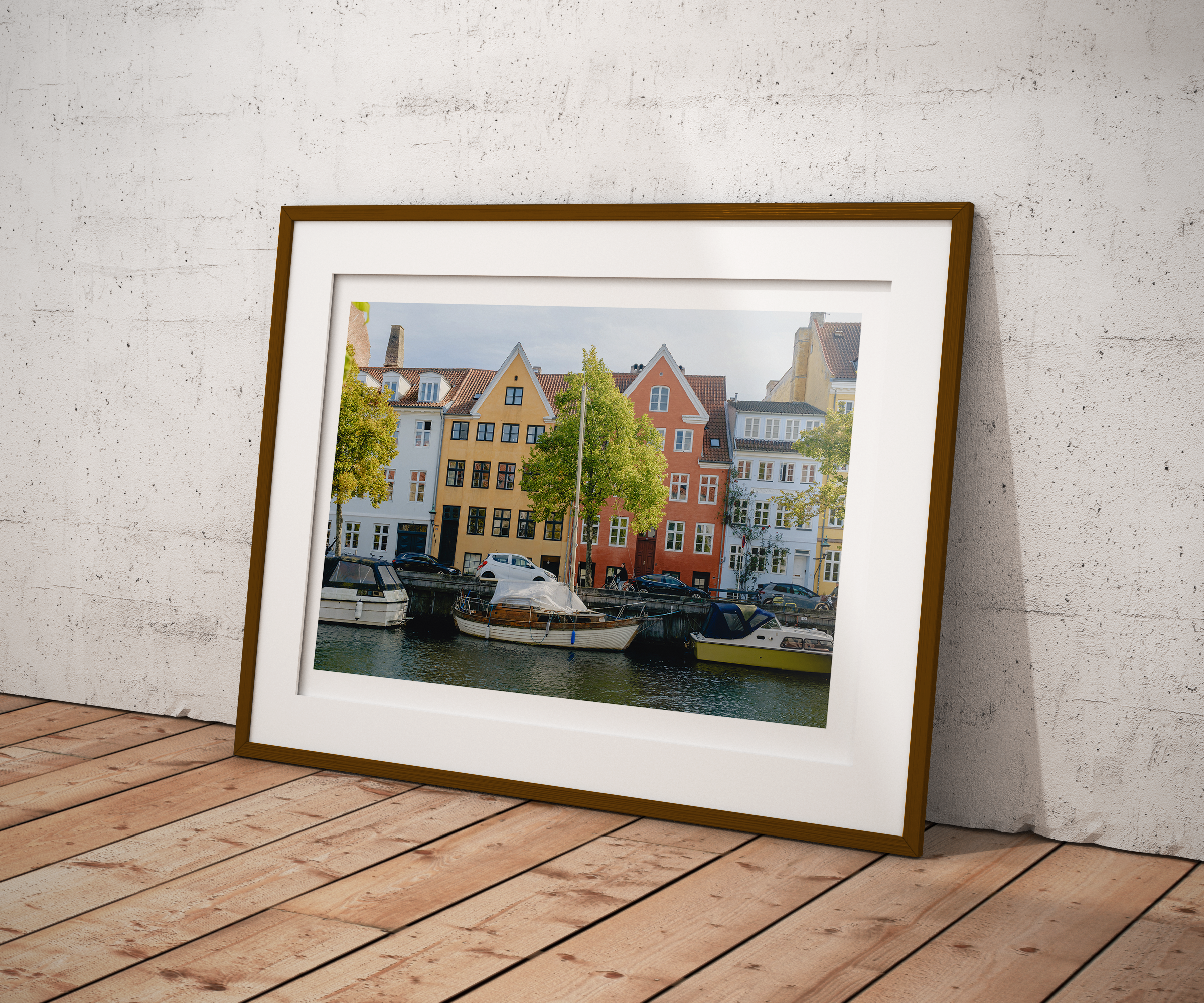 Christianshavn Canal fine art print framed and displayed on a wall - European travel photography by Frames by Marina