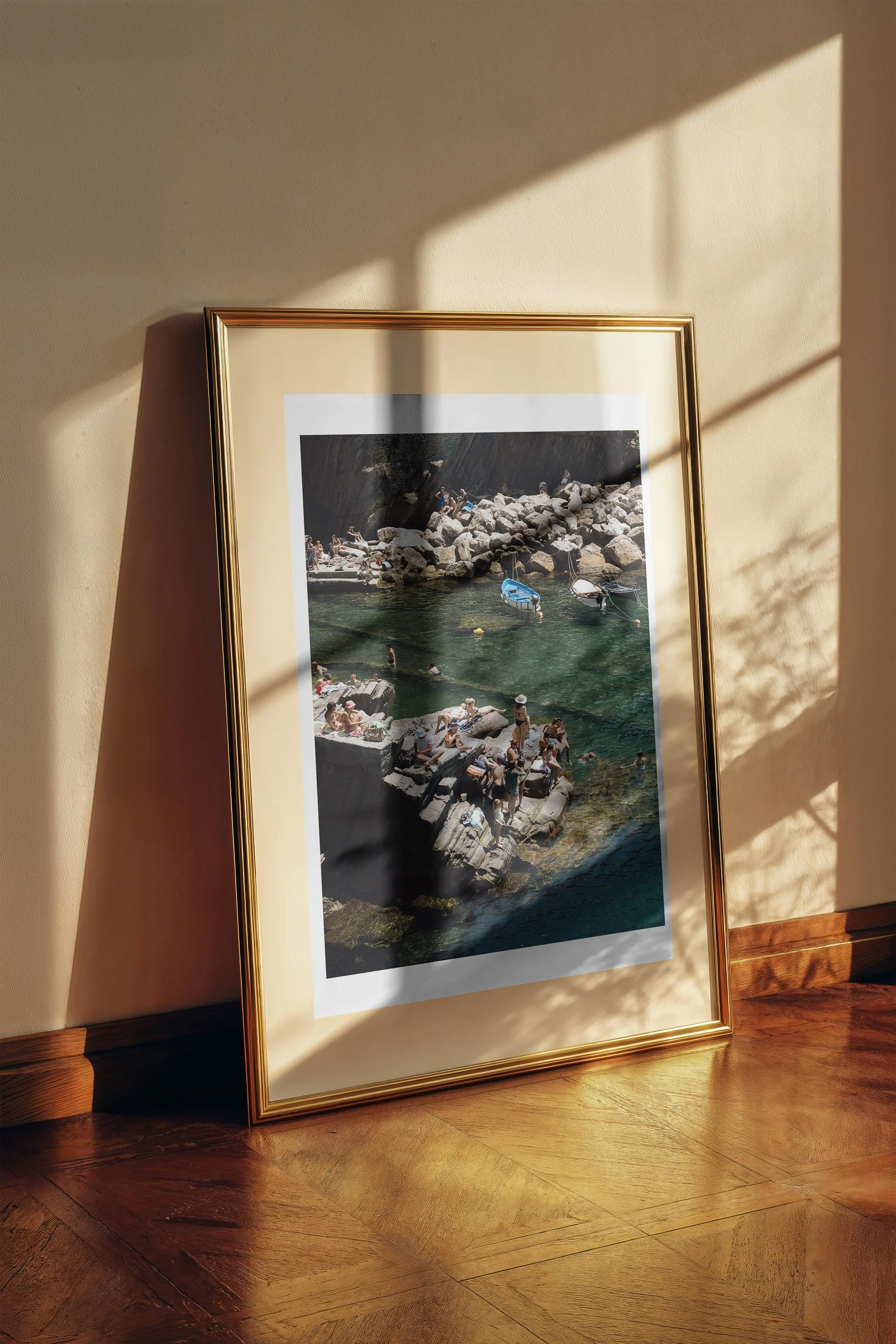 Cliffside Cove fine art print framed and displayed on a wall - European travel photography by Frames by Marina