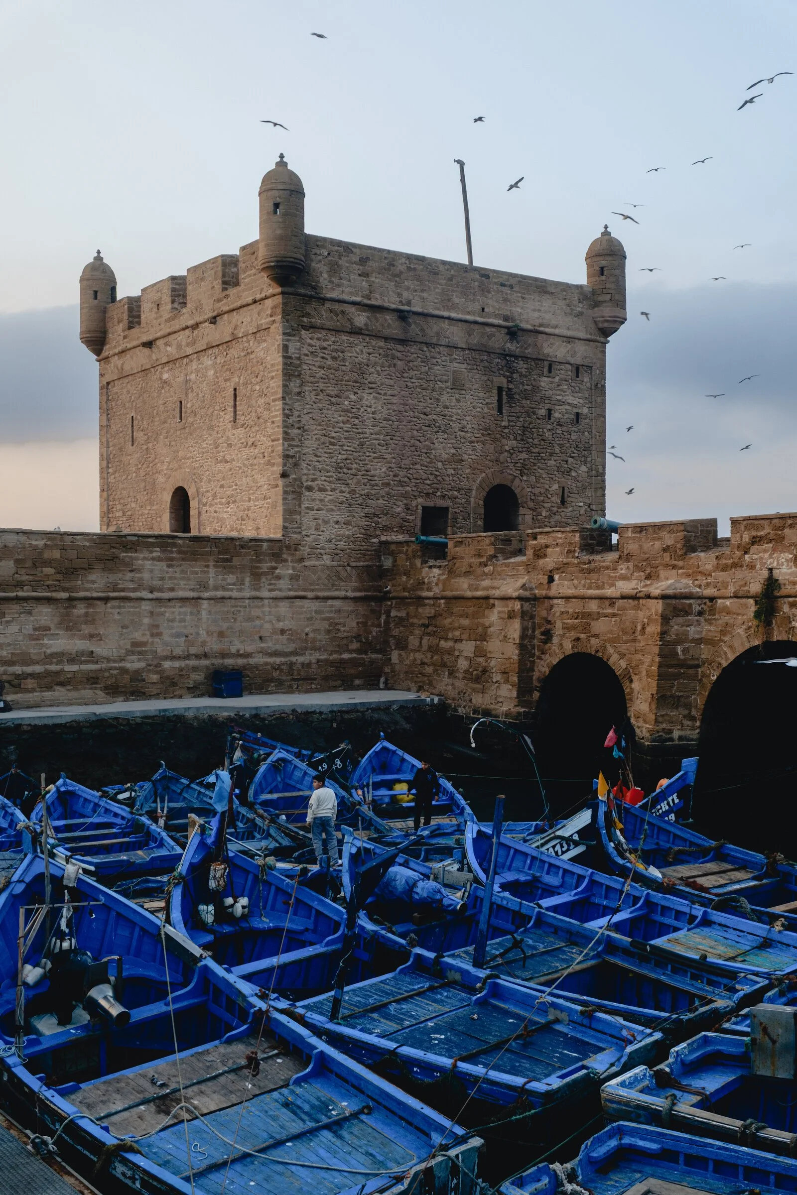 Essaouira's stone ramparts and watchtower rise above a harbor crowded with blue fishing boats