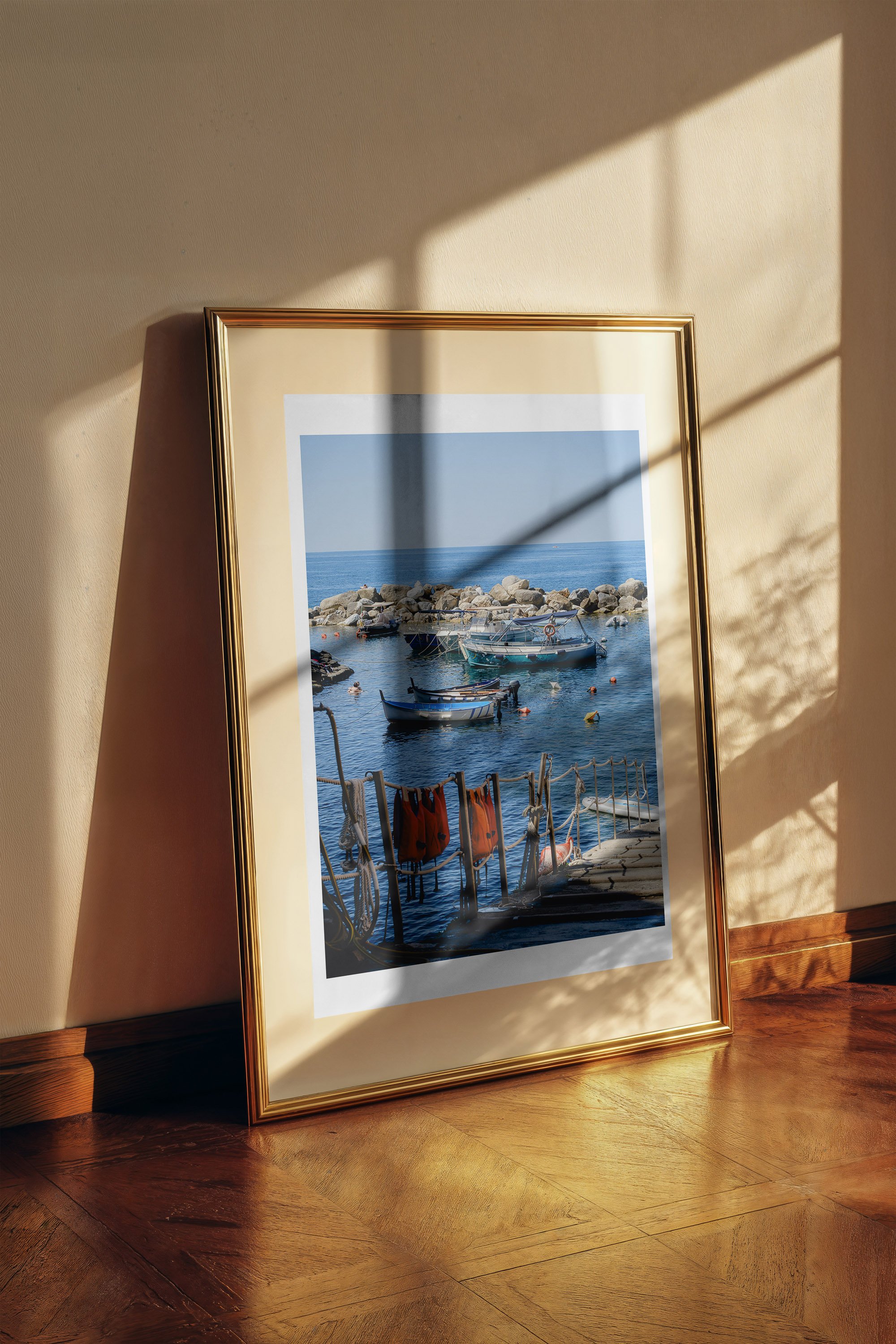 Harbor Boats fine art print framed and displayed on a wall - European travel photography by Frames by Marina