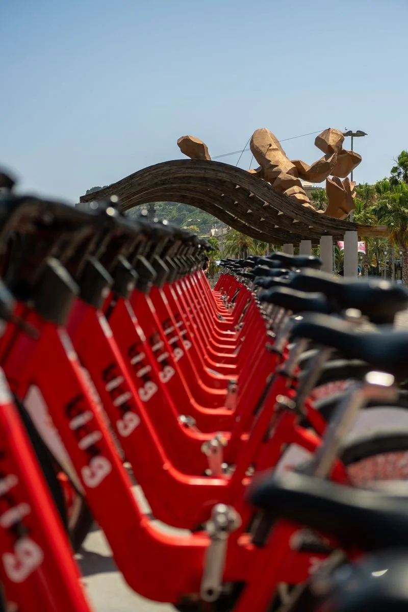 A row of red bike-share bicycles lines up before a wave sculpture and palms at the beach