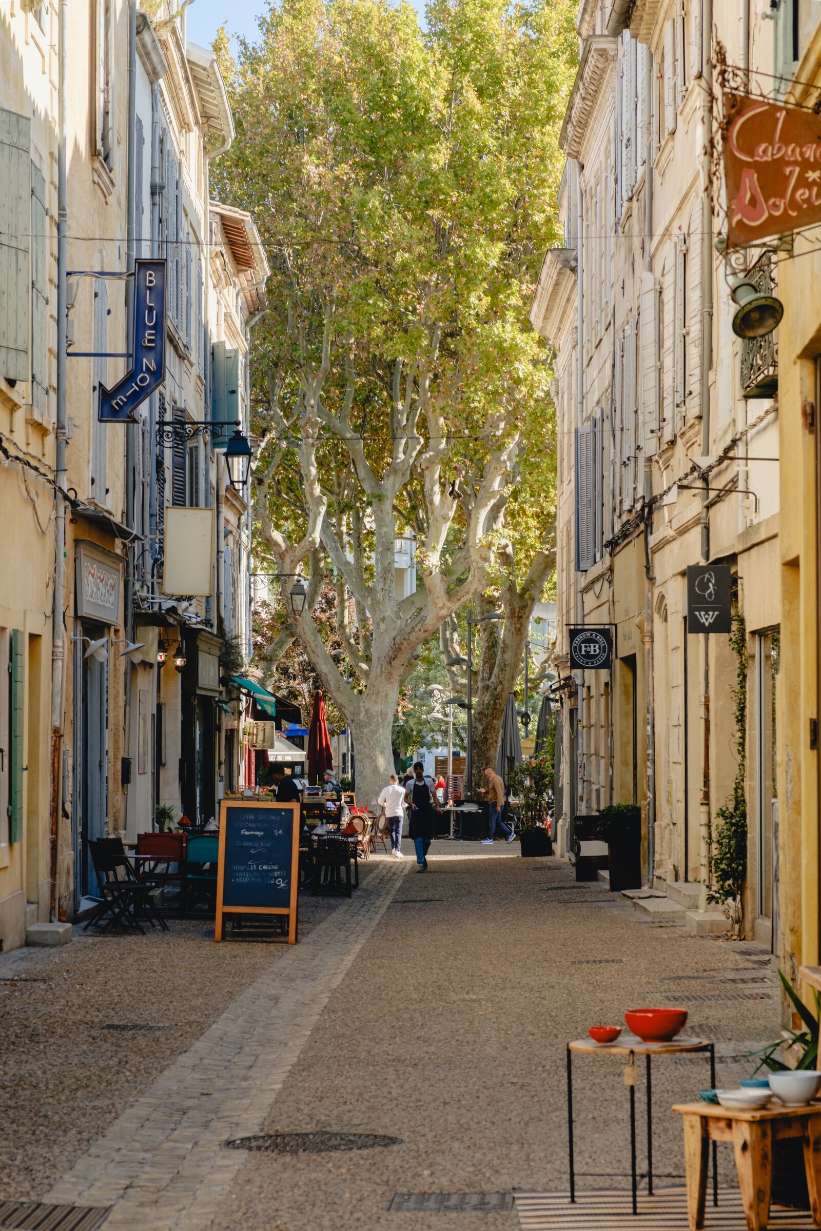 Sunlight filters through plane trees onto a narrow pedestrian street lined with shops and café tables in Arles