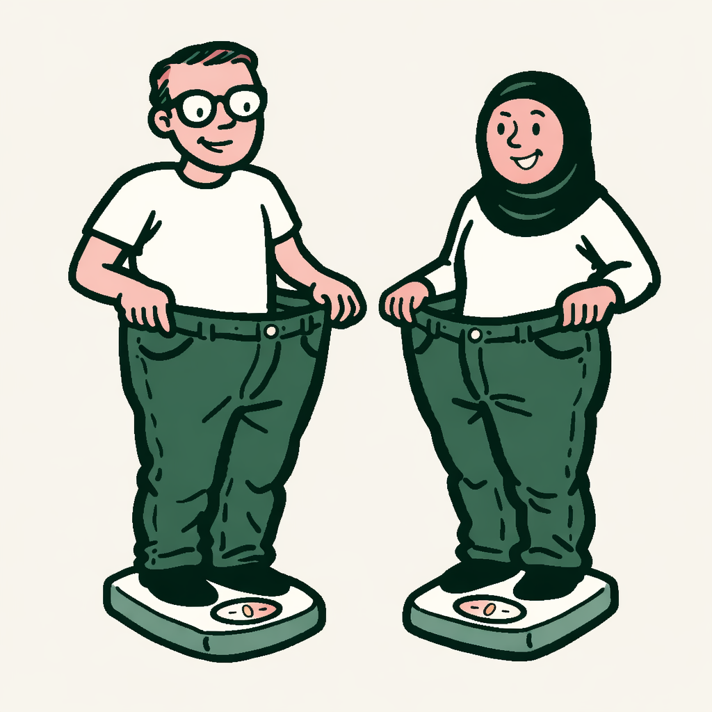 Illustration of a man and woman standing on weighing scales, showing they have lost weight.
