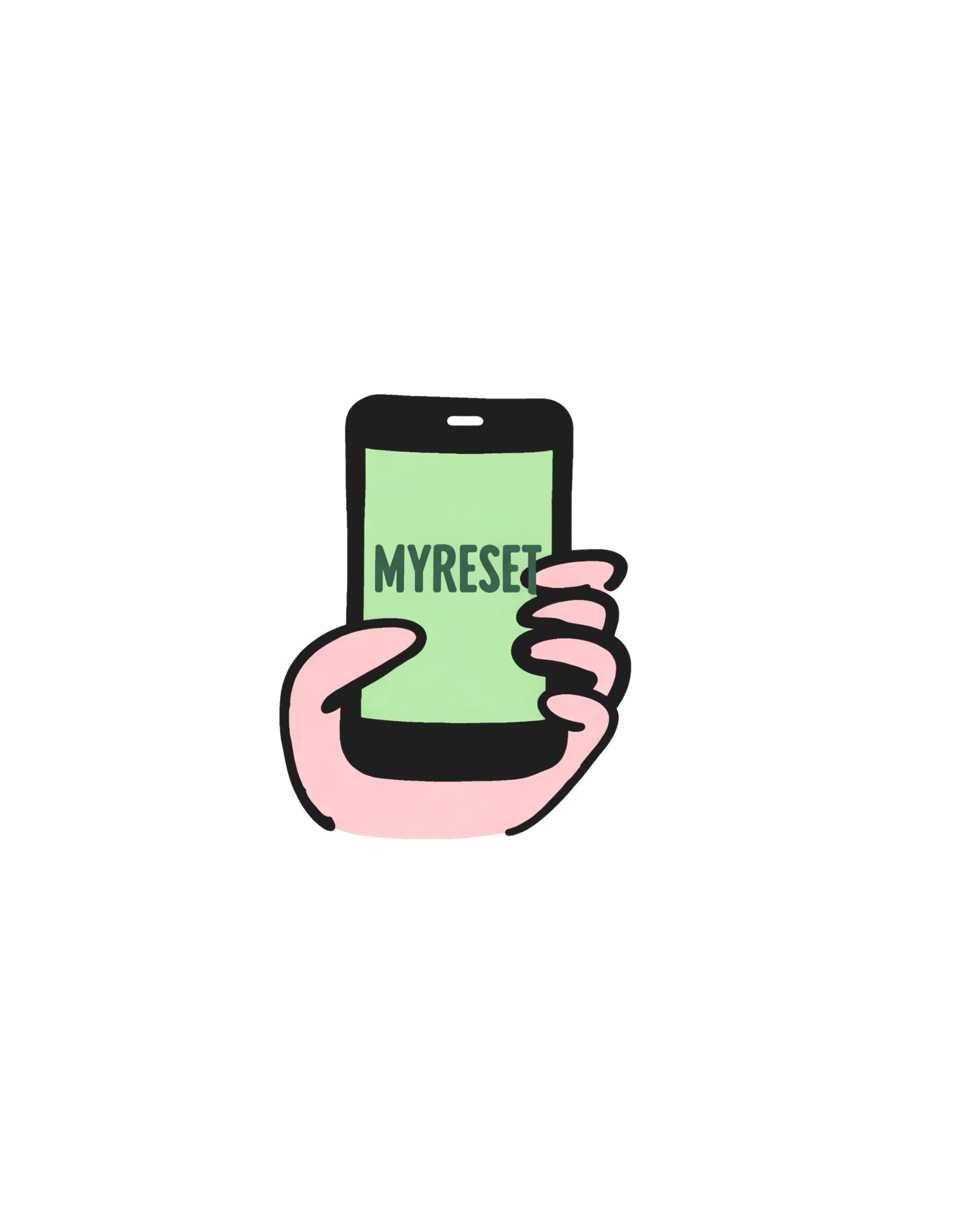 Illustration of a hand holding a smartphone with the word MYRESET displayed on the screen.