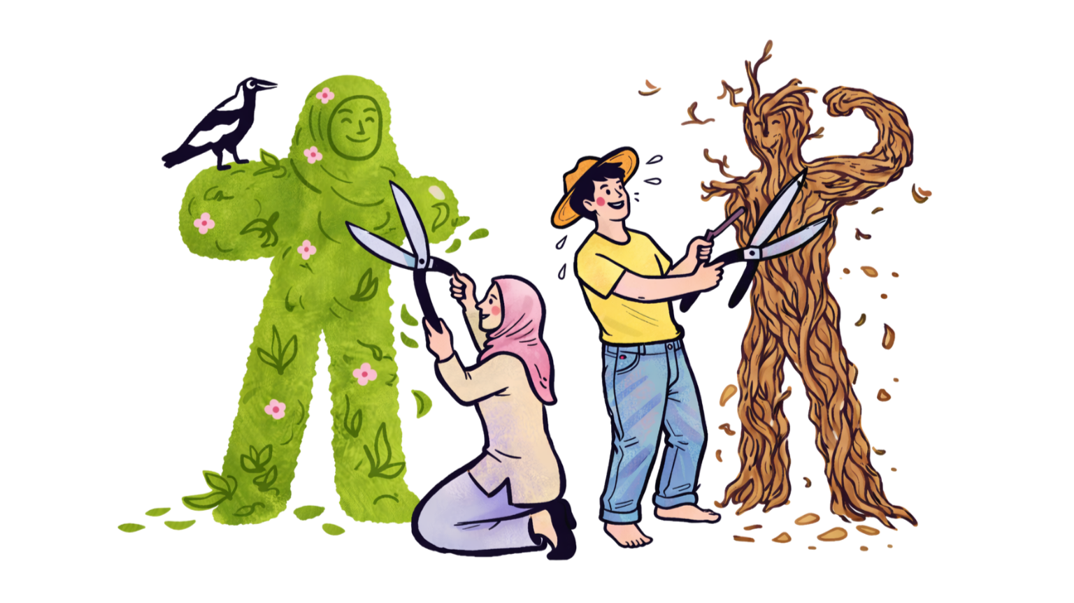 People pruning a tree and a shrub with scissors in a garden