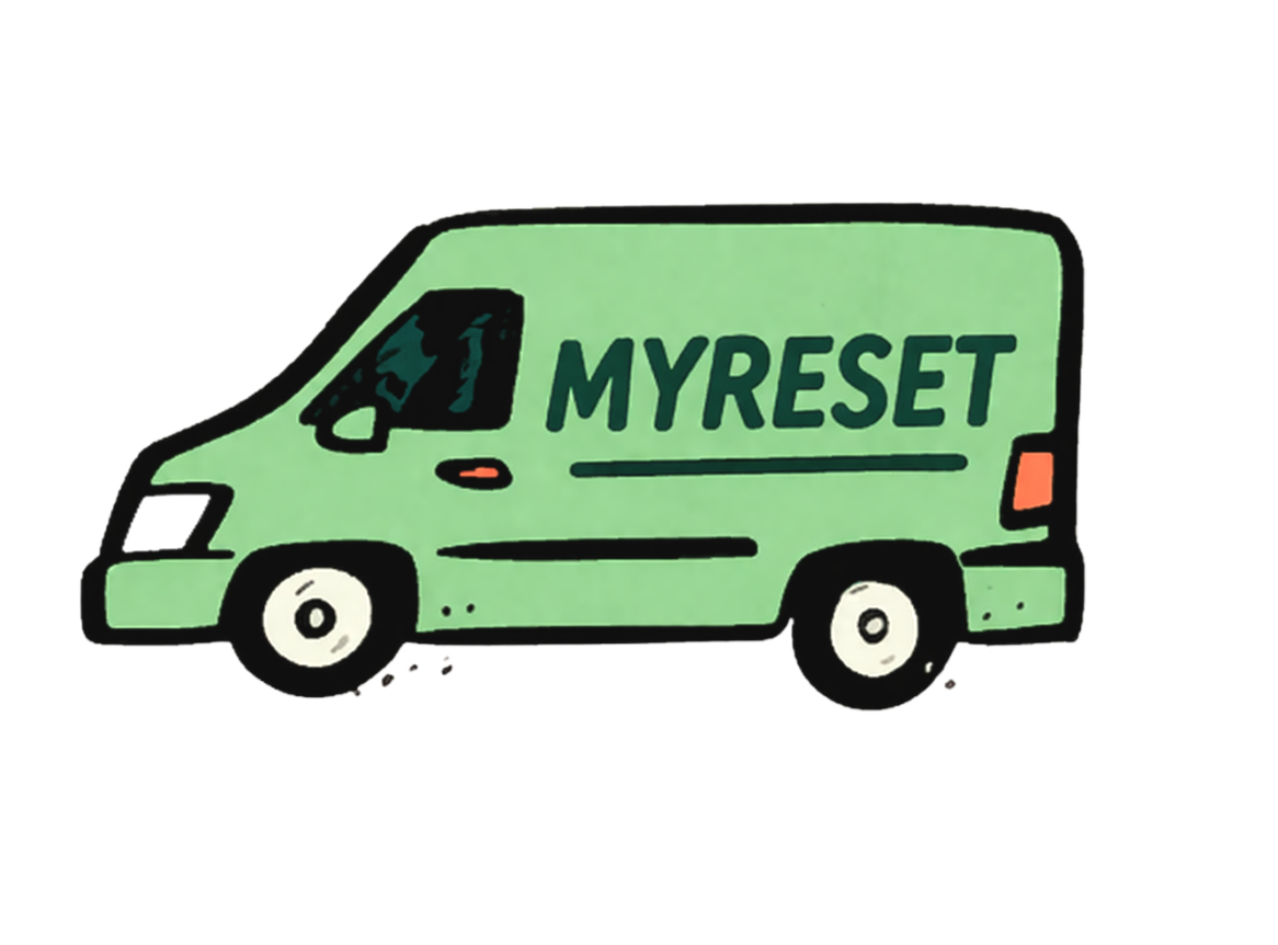 Green delivery van with the words 'MYRESET' written on the side